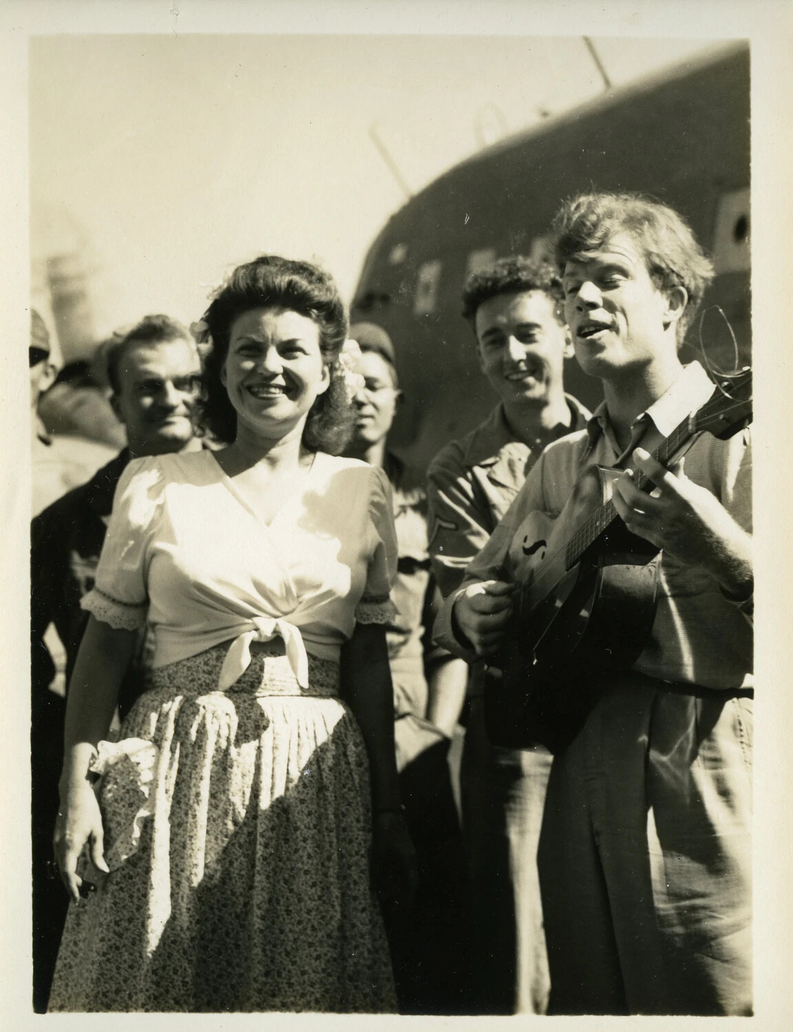 USO Visitor and Servicemen with Guitar in Front of C-47 Transport, Myitkyina, Burma, WWII