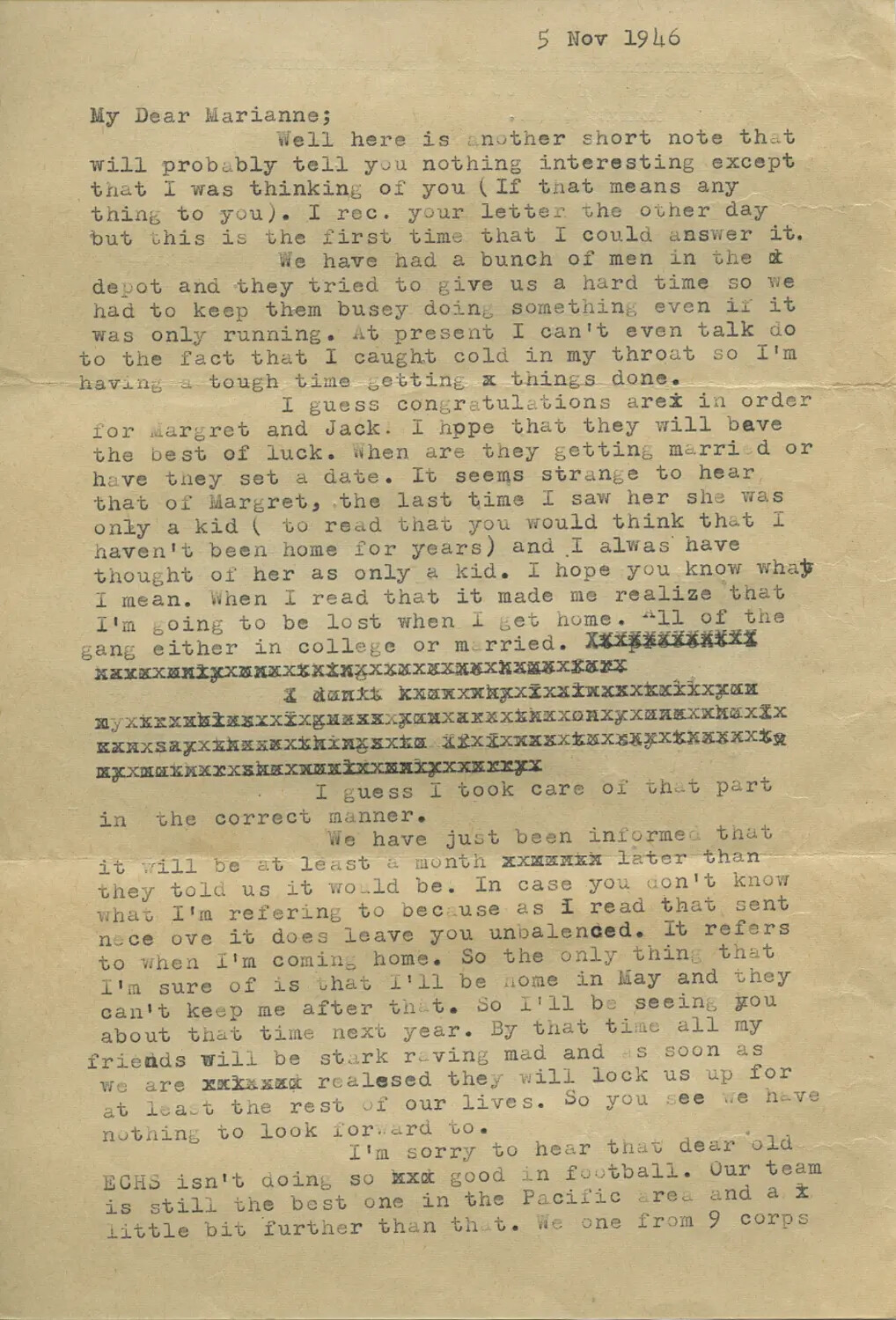 Typed Letter Home During Pacific Occupation Duty, 5 November 1946