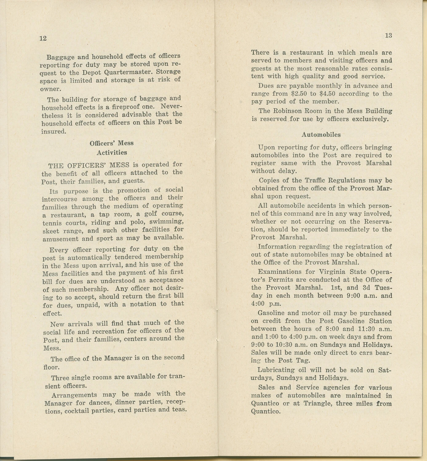 Marine Corps Post Officer Orientation Booklet, Pages 12-13 — Officers' Mess and Automobile Regulations