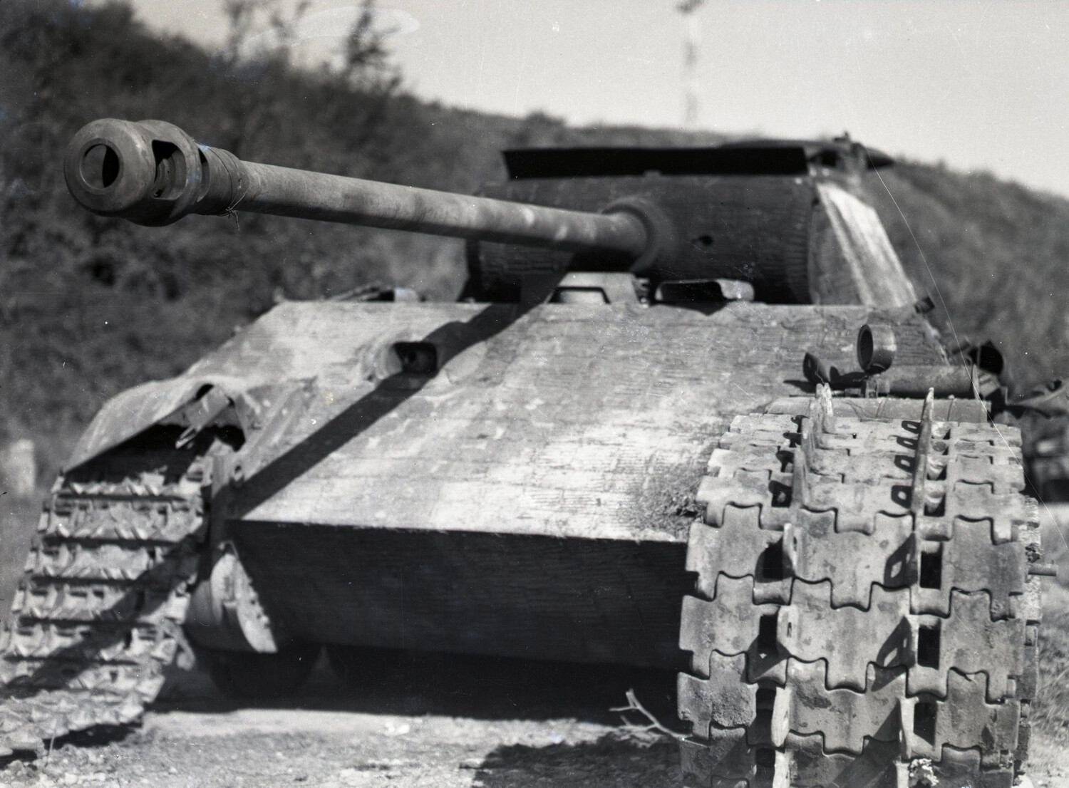 Disabled German Panther Tank (Sd.Kfz. 171), Front-Left Detail View, WWII Germany