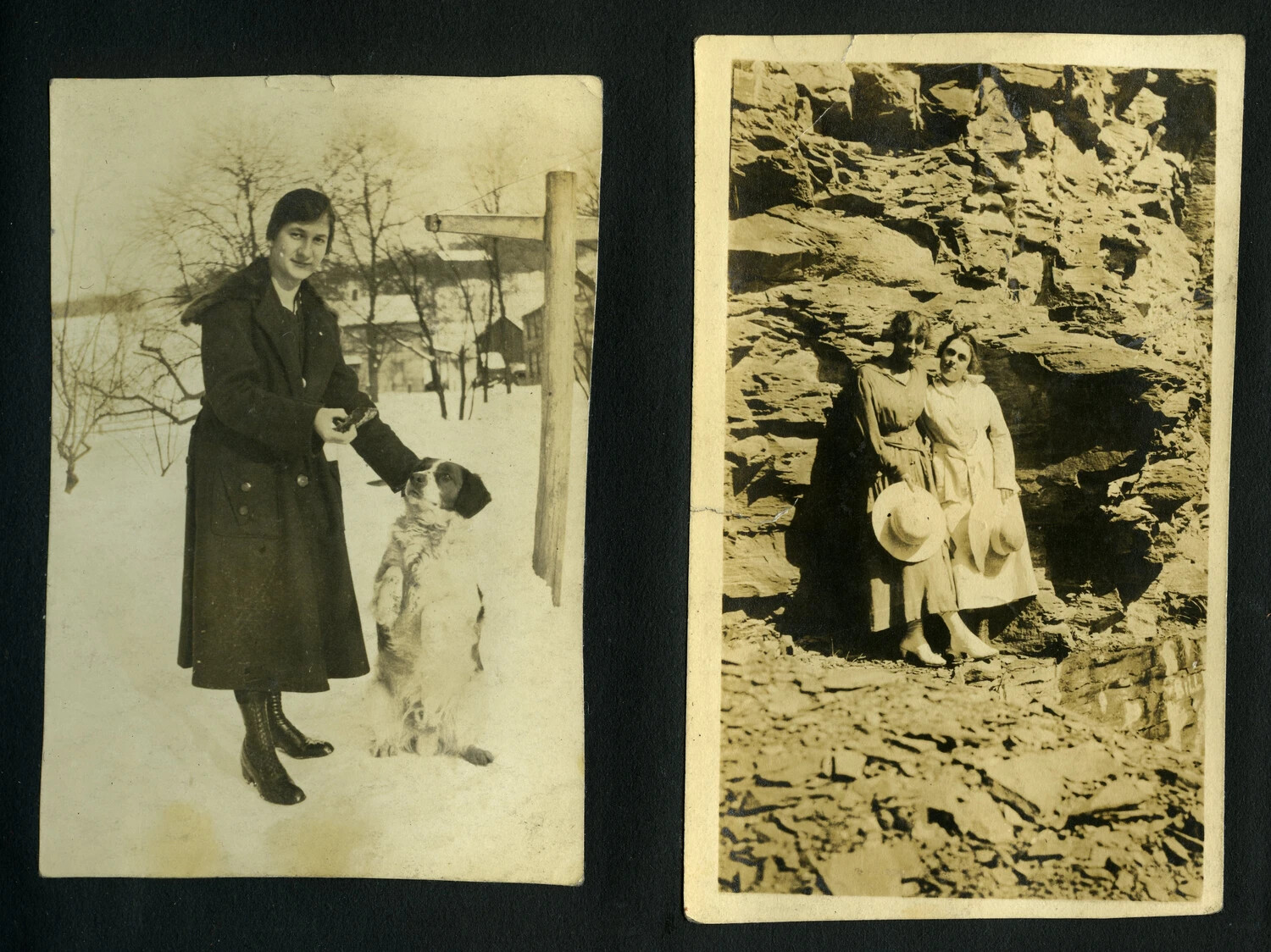 Two 1920s Family Snapshots: Woman with Dog in Snow; Two Women at Rock Outcrop
