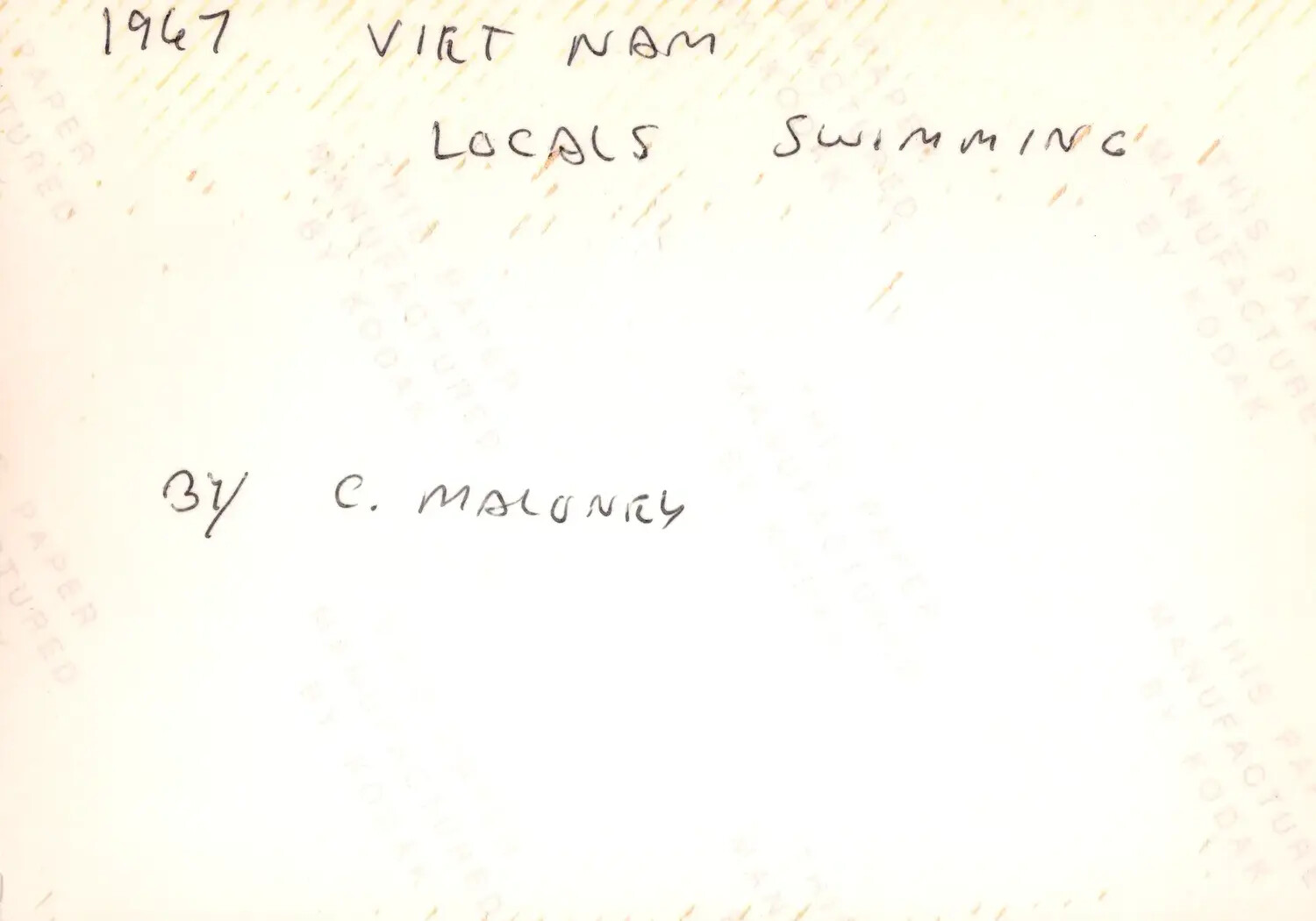 Verso of Vietnam War-Era Photograph – Handwritten Caption, 'Locals Swimming,' 1967, Cu Chi