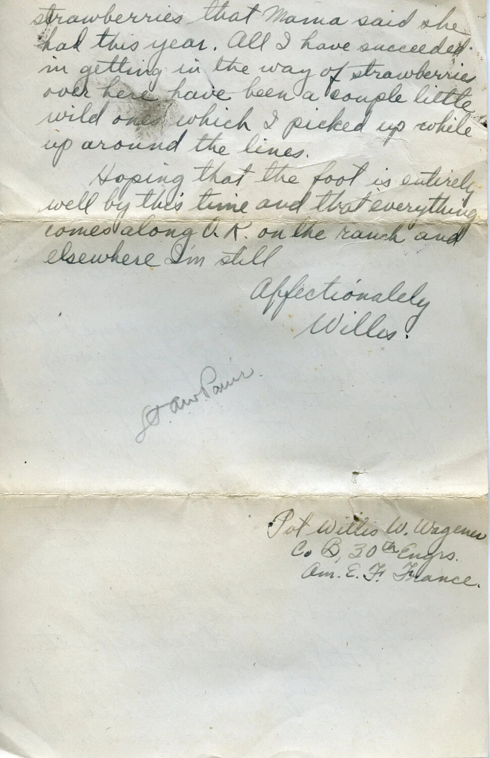 Handwritten Letter from Pvt. Willis W. Wagener, Co. B, 30th Engineers, A.E.F. France, World War I