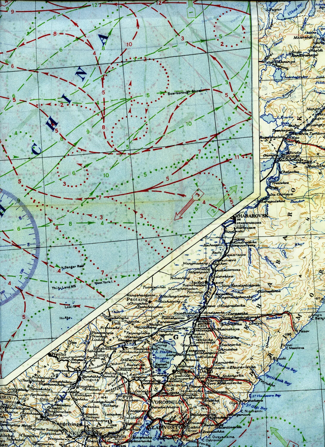 AAF Cloth Chart Detail - South China Sea (Scarborough Shoal) with Soviet Far East (Khabarovsk/Vladivostok) Inset