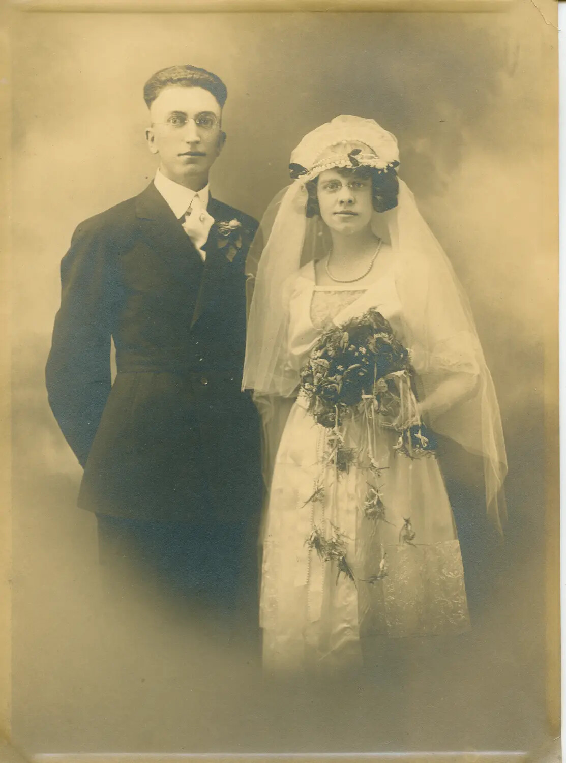 Formal Studio Wedding Portrait of a Young Couple, Early 20th Century
