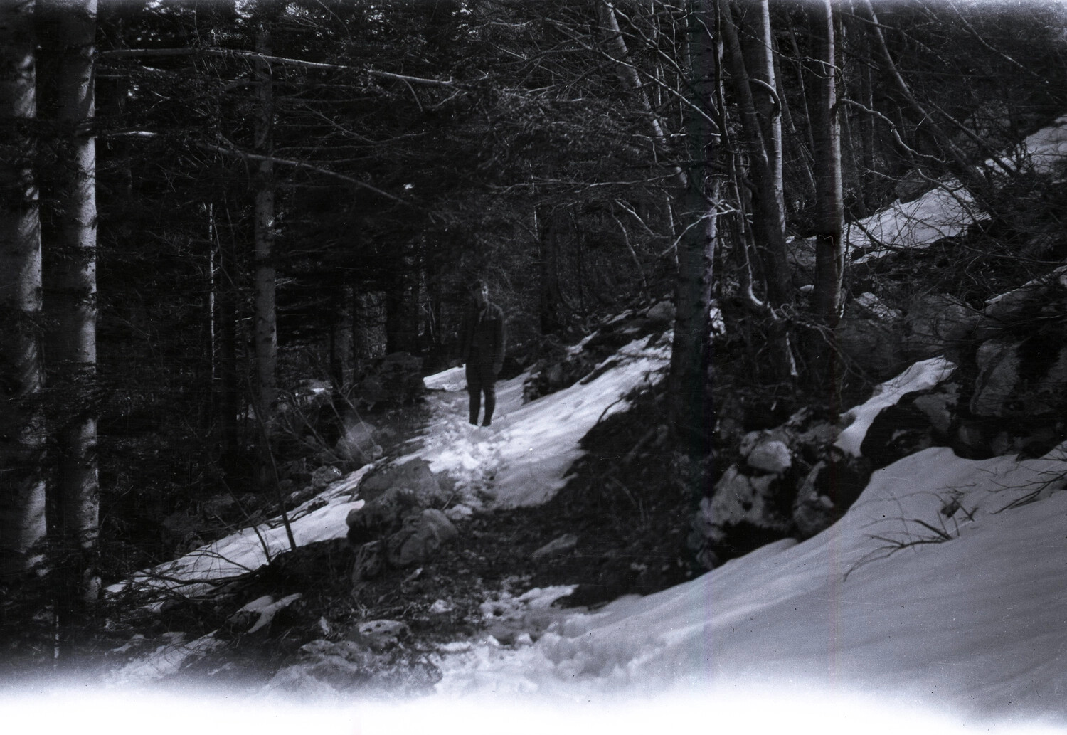 Lone Figure on Snow-Covered Mountain Path, WWI France Negative
