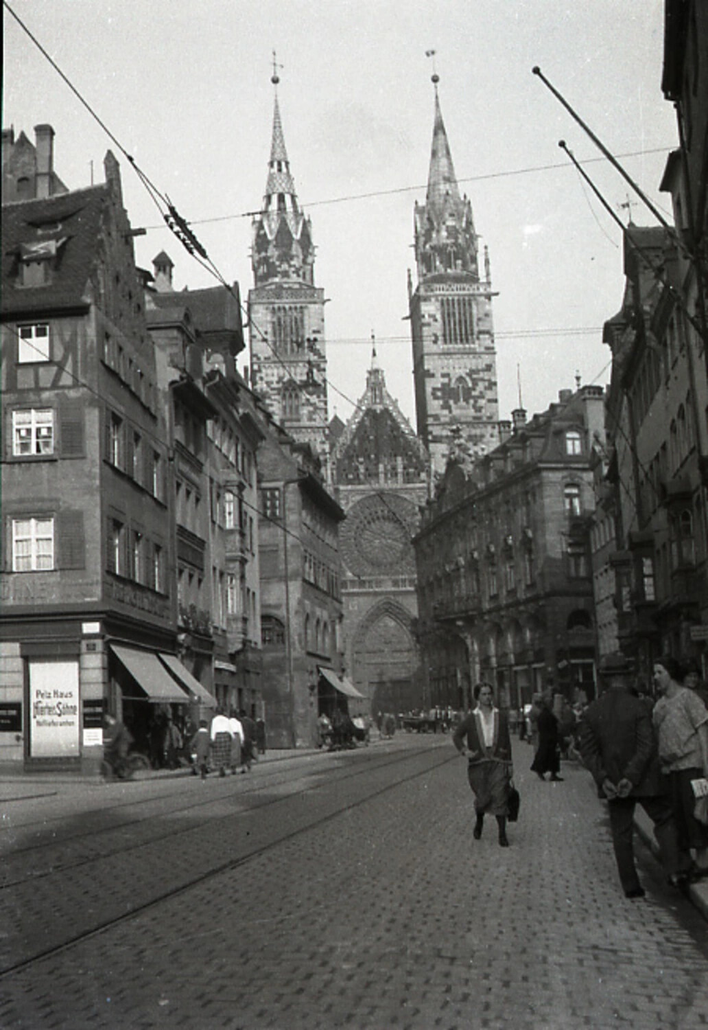 Street View of Nuremberg Old Town Looking Toward St. Lorenz Church, 1930s