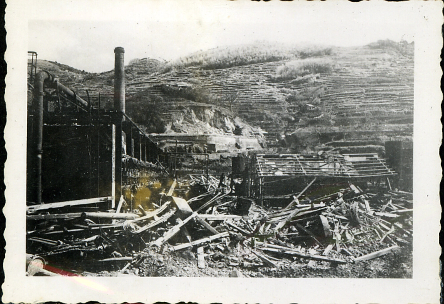 Collapsed Industrial Structure Below Terraced Hillside, Hiroshima Area, Japan, Post-Atomic Bomb, 1945