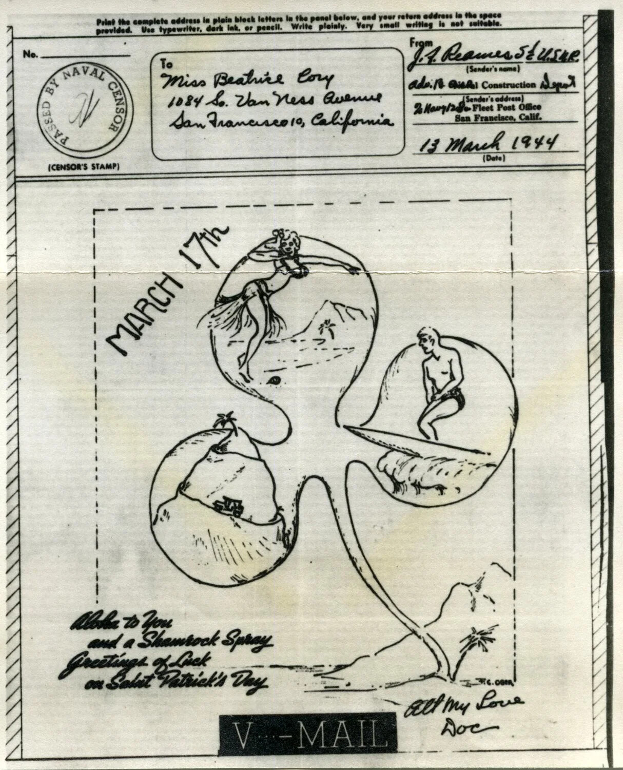 WWII V-Mail Cartoon, 'Aloha to You and a Shamrock Spray' -- Saint Patrick's Day Greeting, 13 March 1944