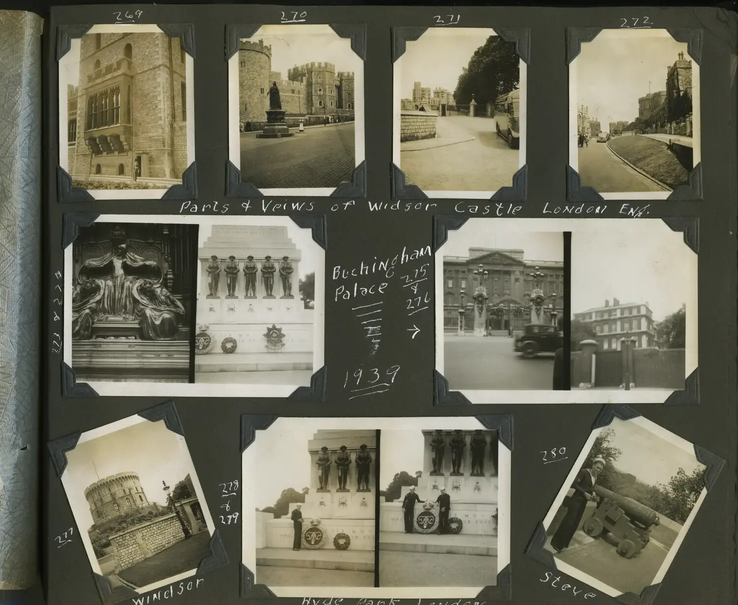 Photograph Album Page, U.S. Navy Sailor's European Liberty Tour: Windsor Castle, Buckingham Palace, and Hyde Park War Memorial, London, 1939 (Frames 269-280)