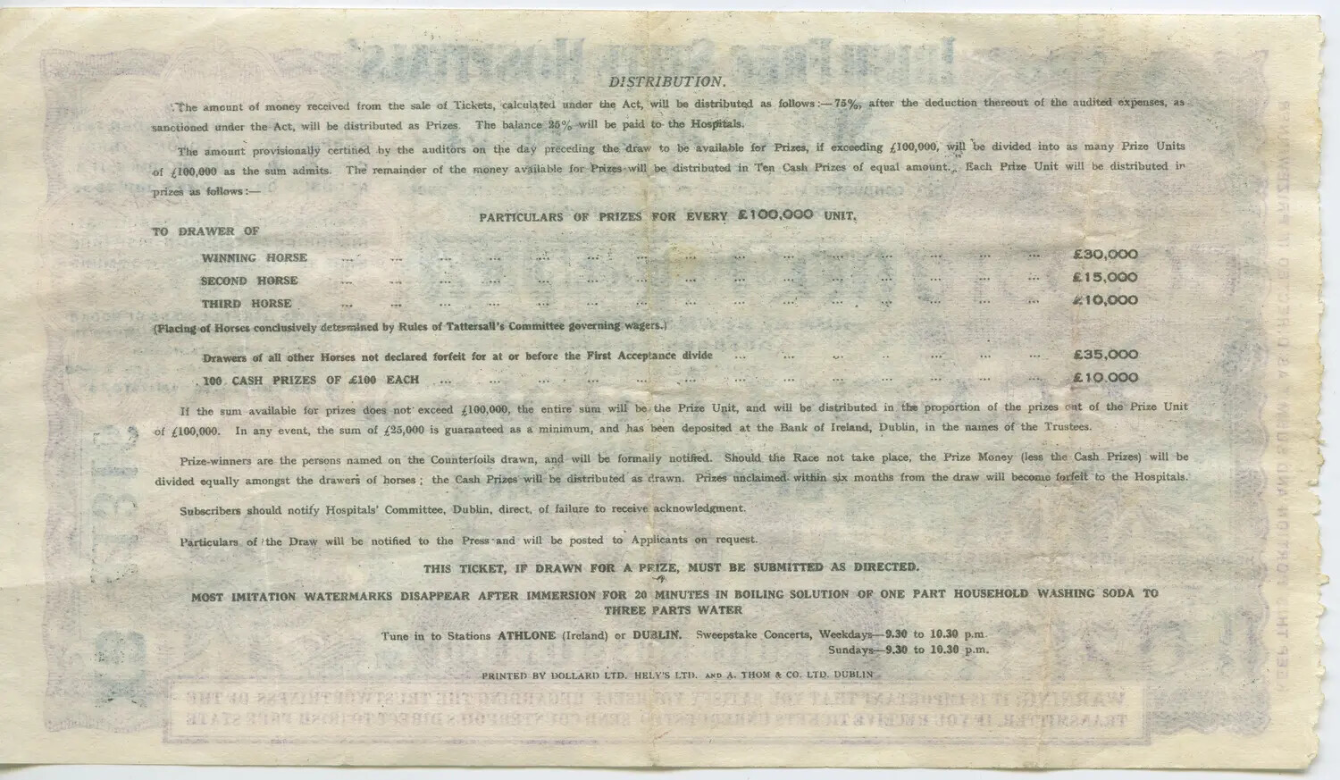 Irish Hospitals' Sweepstake Ticket (Reverse), WWII-Era Personal Keepsake