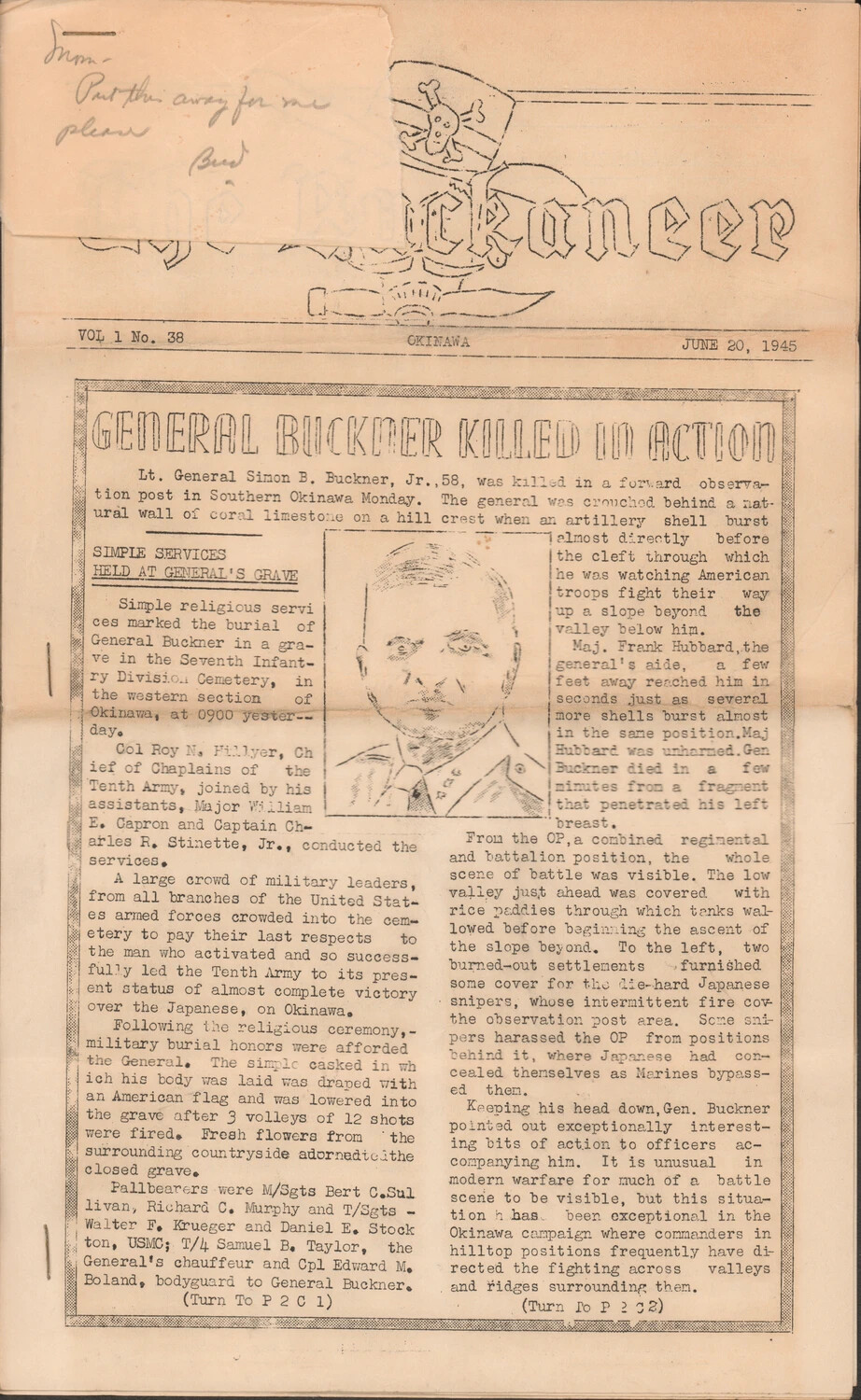 'The Buckaneer' Okinawa Military Newspaper, Vol. 1 No. 38, 20 June 1945 - 'General Buckner Killed in Action'