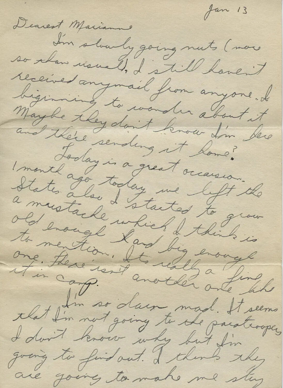 Handwritten WWII Letter to "Dearest Marianne," Dated January 13