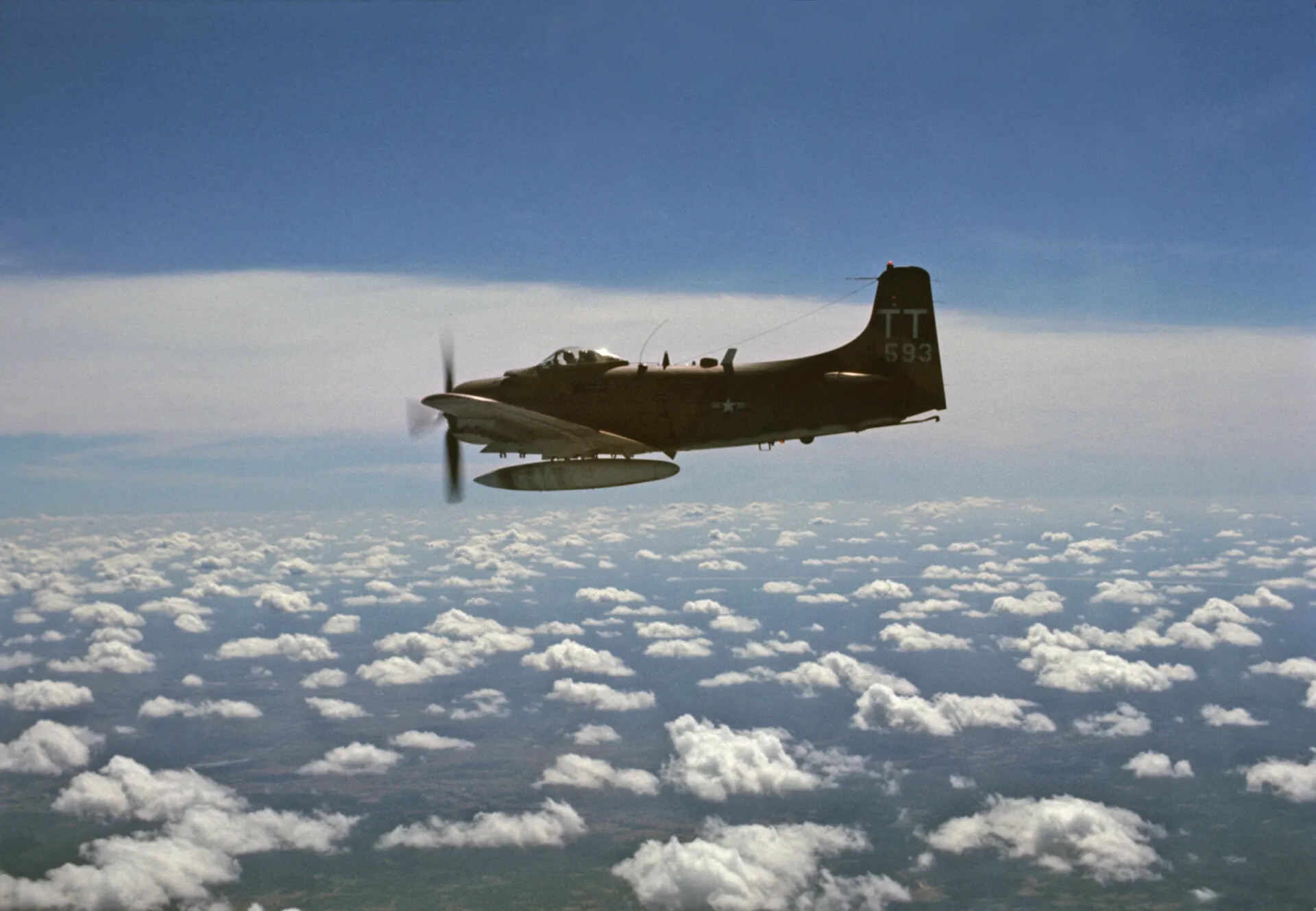USAF Douglas A-1 Skyraider 'TT 593' in Flight Above Cloud Deck, Vietnam War Era