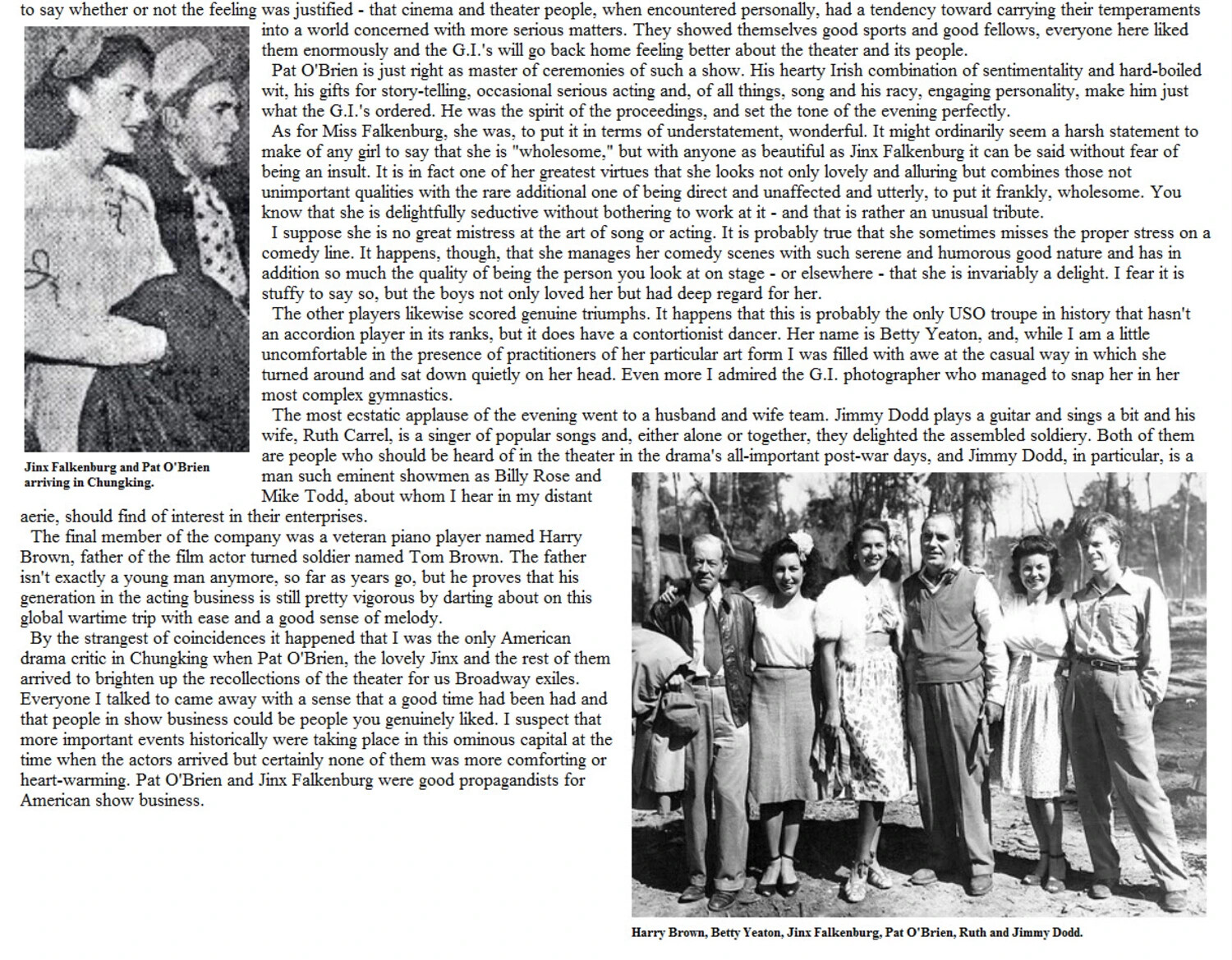 CBI Roundup Newspaper Article, Page 2 - USO Troupe with Pat O'Brien and Jinx Falkenburg in Chungking