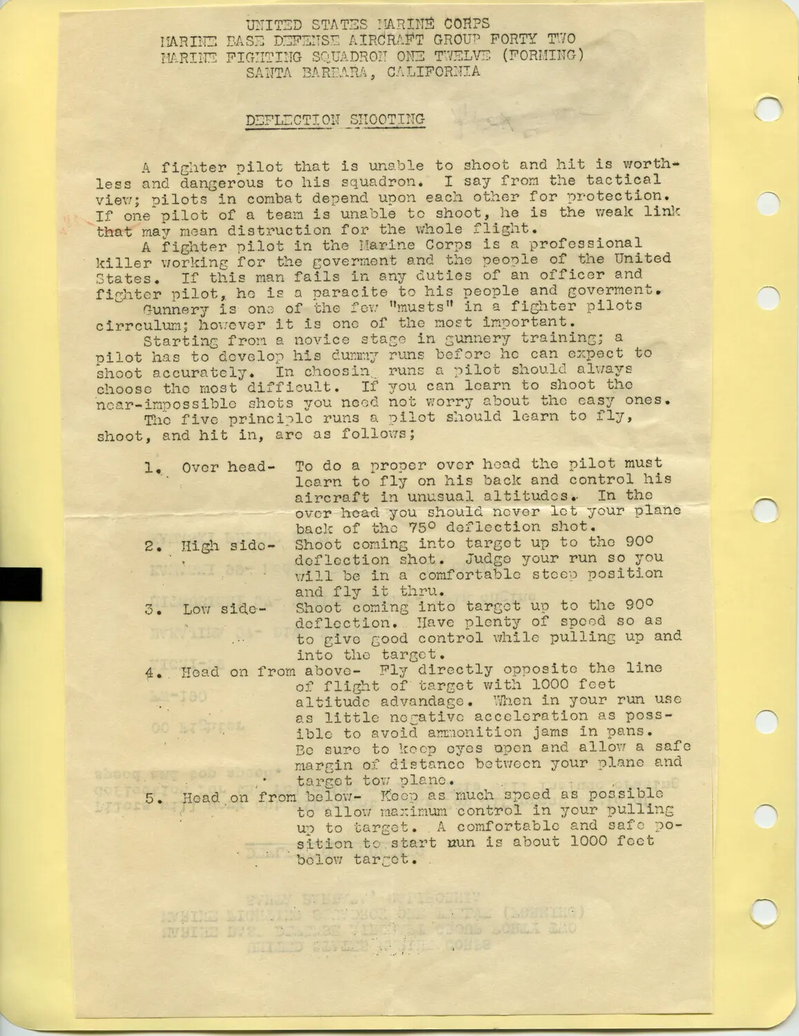 "Deflection Shooting" Gunnery Training Memorandum, Marine Fighting Squadron 112, MCAS Santa Barbara