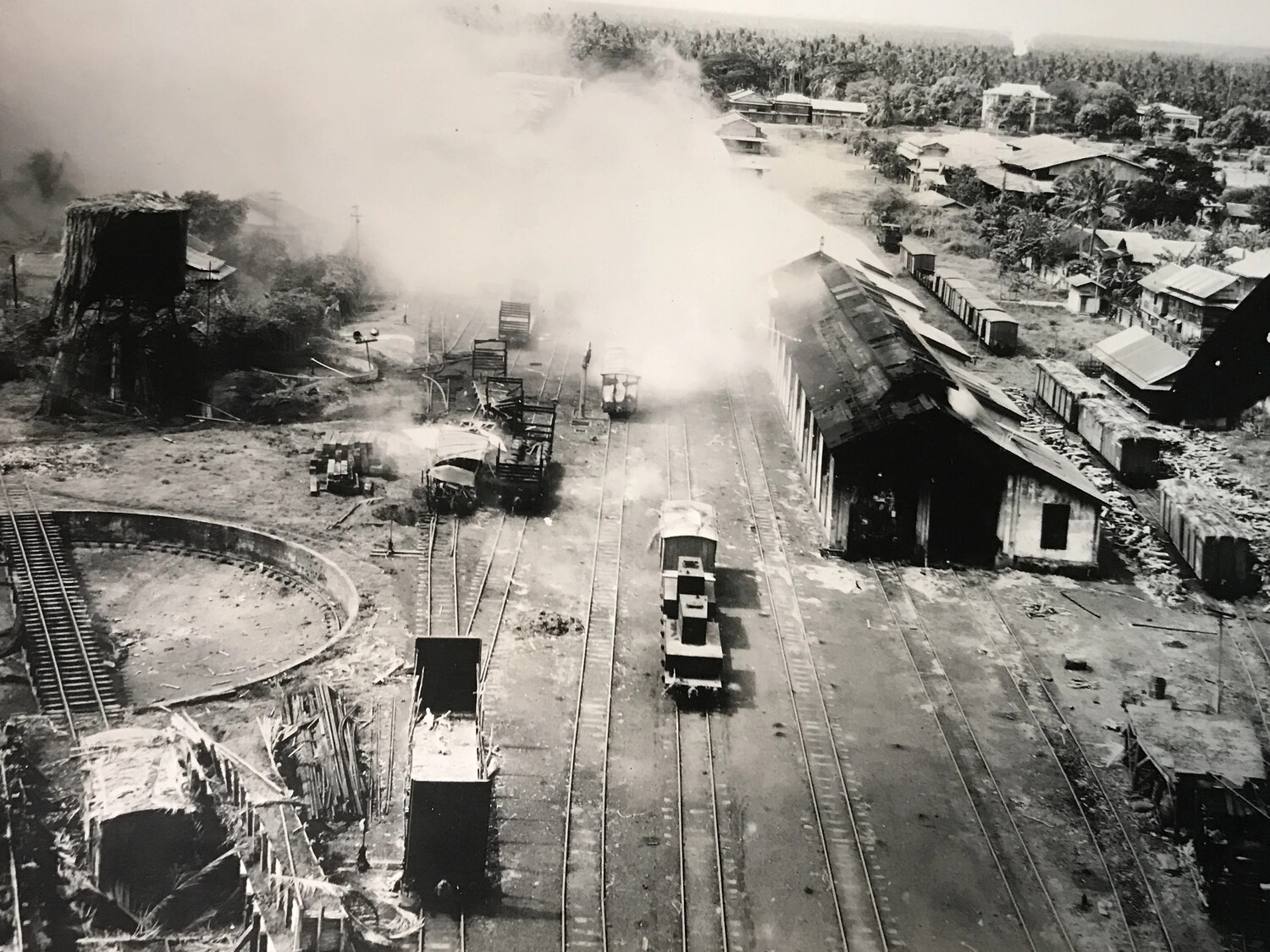 Railroad Yard with Turntable and Water Tower Under Attack, Legaspi-Calauag Line, Philippines