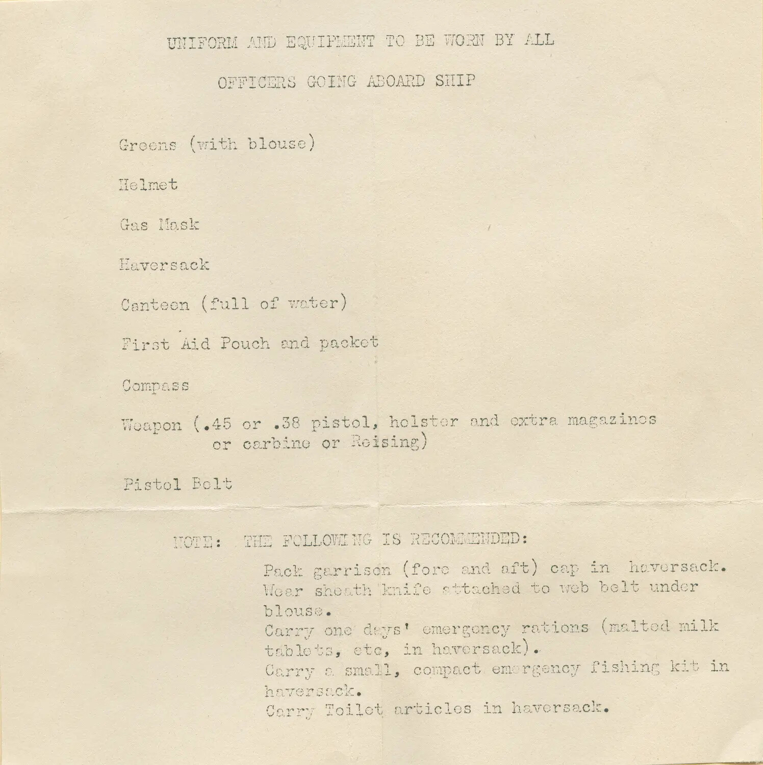 Typed Embarkation Equipment List — 'Uniform and Equipment to Be Worn by All Officers Going Aboard Ship,' McAleer Papers