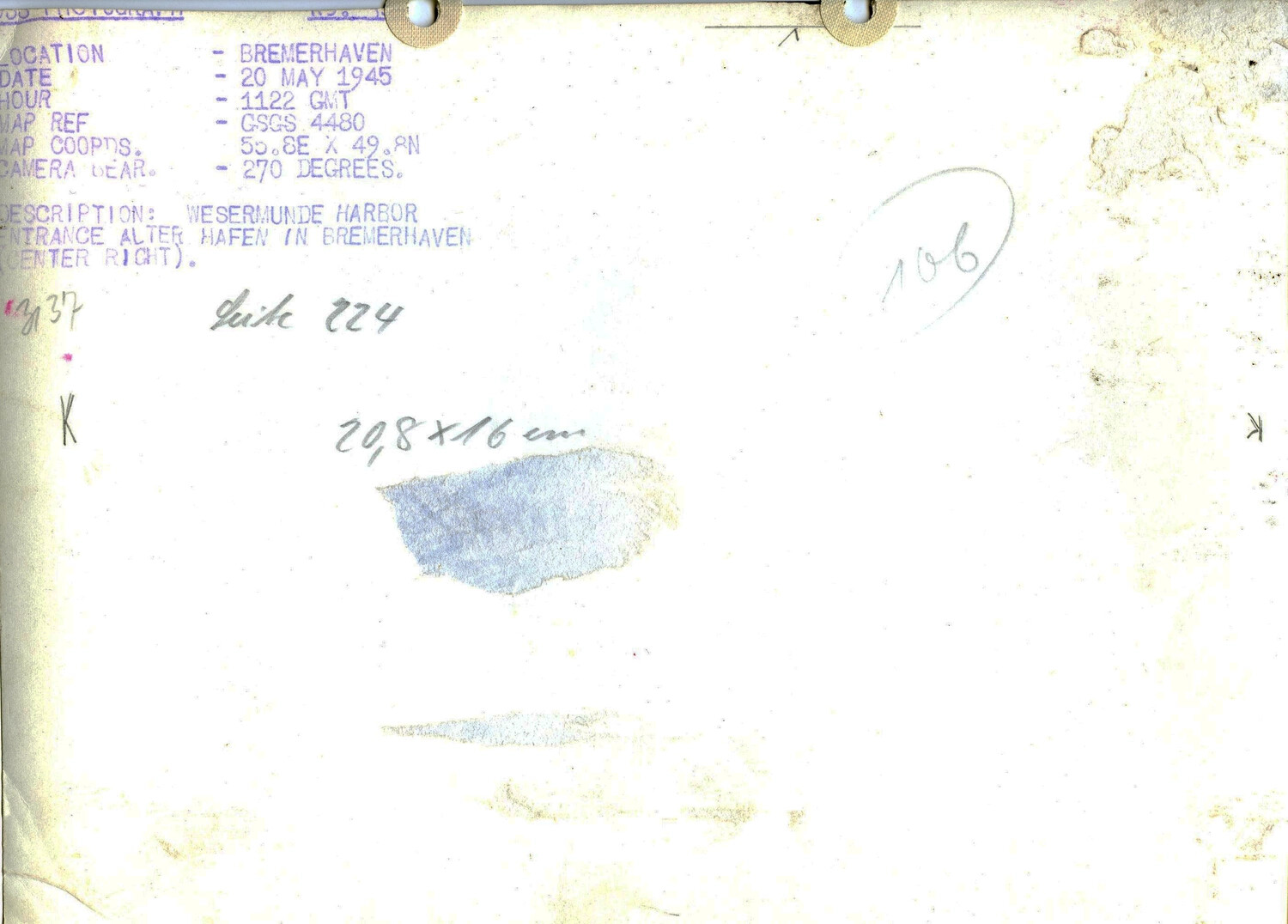 Verso of Aerial Reconnaissance Photograph — Wesermünde Harbor Entrance, Bremerhaven, 20 May 1945
