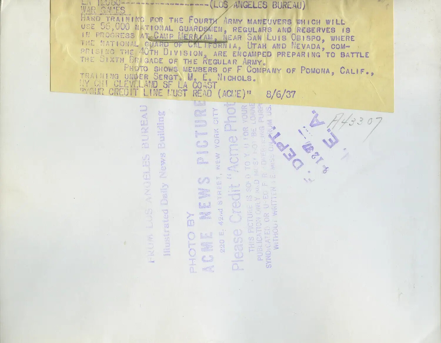 Verso/Caption Sheet: Fourth Army Maneuvers Training at Camp Merriam, San Luis Obispo, August 1937
