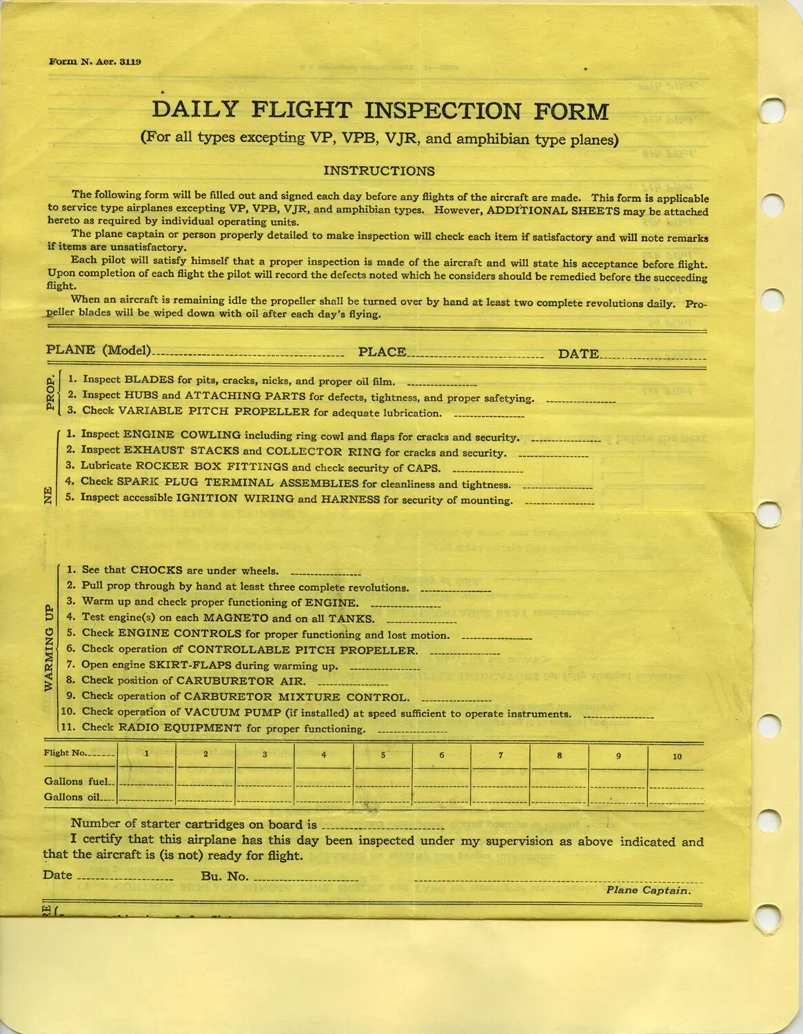 U.S. Navy Form N. Aer. 3119 — Daily Flight Inspection Form (Blank)
