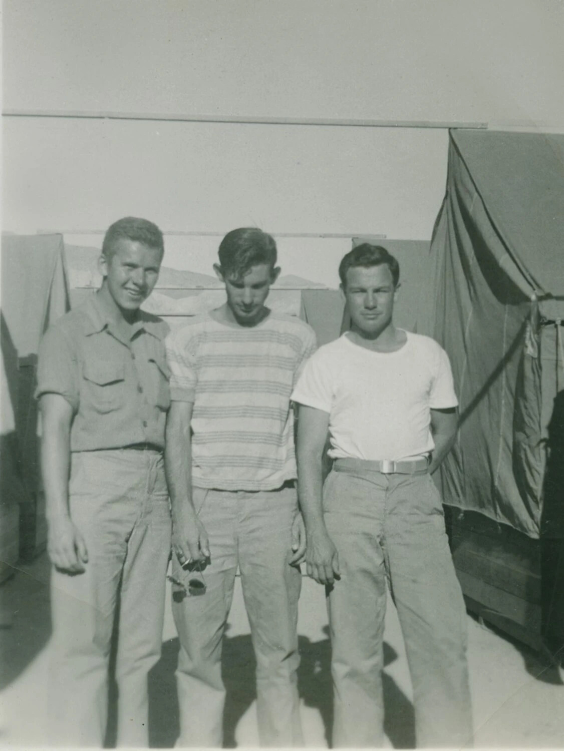 Three Servicemen in Casual Attire Outside Squad Tents, McAleer Collection