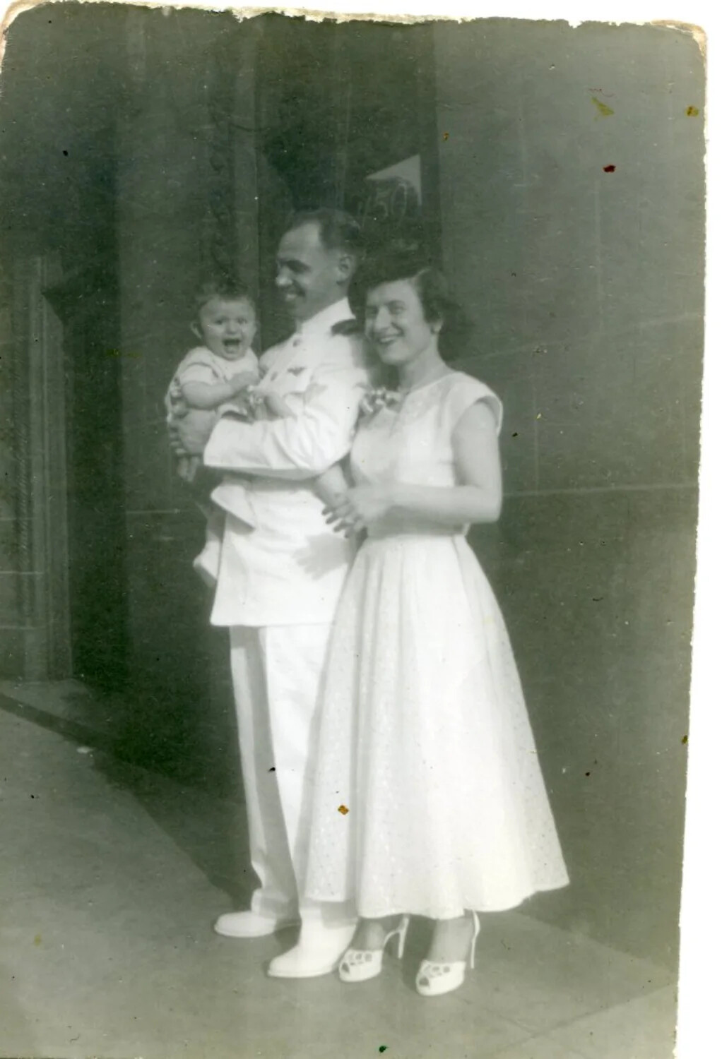 U.S. Navy Officer in Dress Whites with Wife and Infant, Family Portrait, Korean War Era