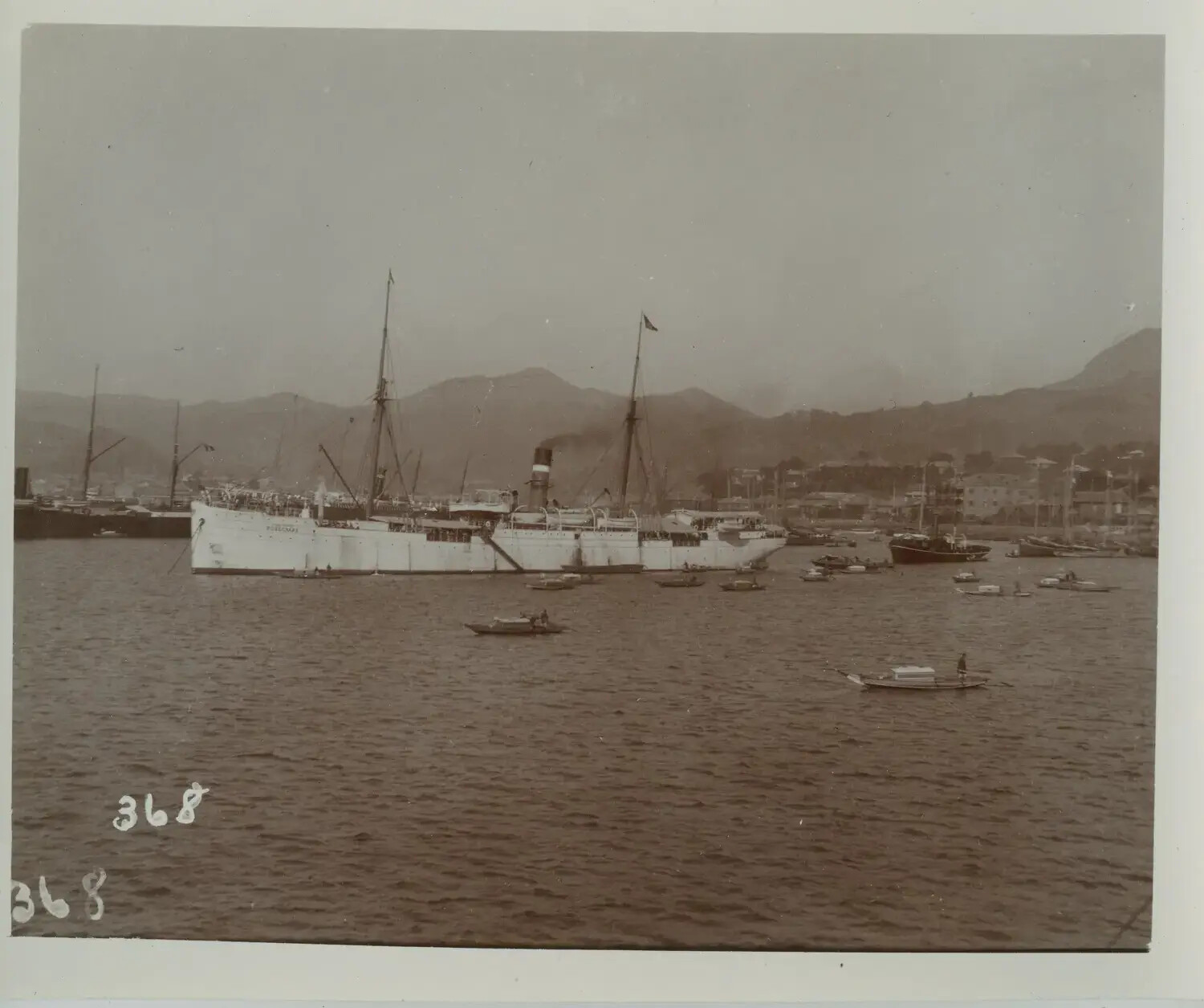 Steamship at Anchor in Harbor, Likely Nagasaki, Japan, c. 1890s