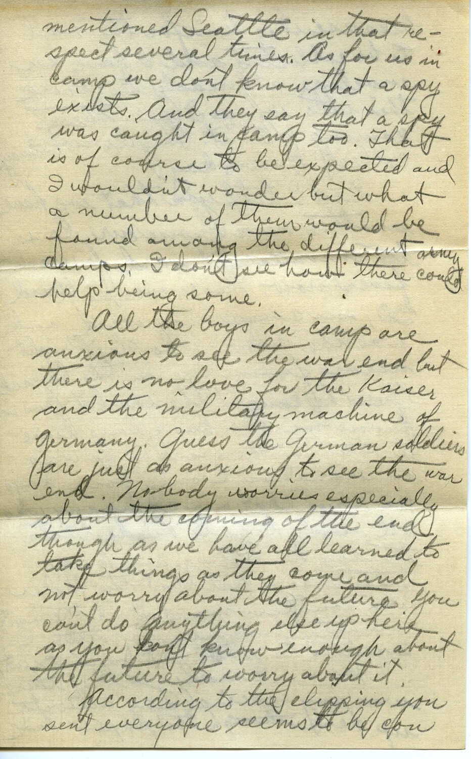 Handwritten WWI Letter Page, Pvt. Willis W. Wagener, Dated January 16, 1918