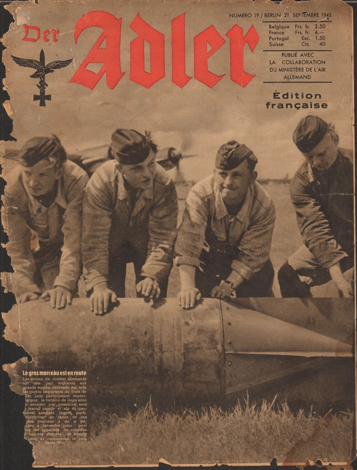 Der Adler Magazine Cover, French-Language Edition No. 19 - Luftwaffe Ground Crew with Aerial Bomb, Berlin, 21 September 1943