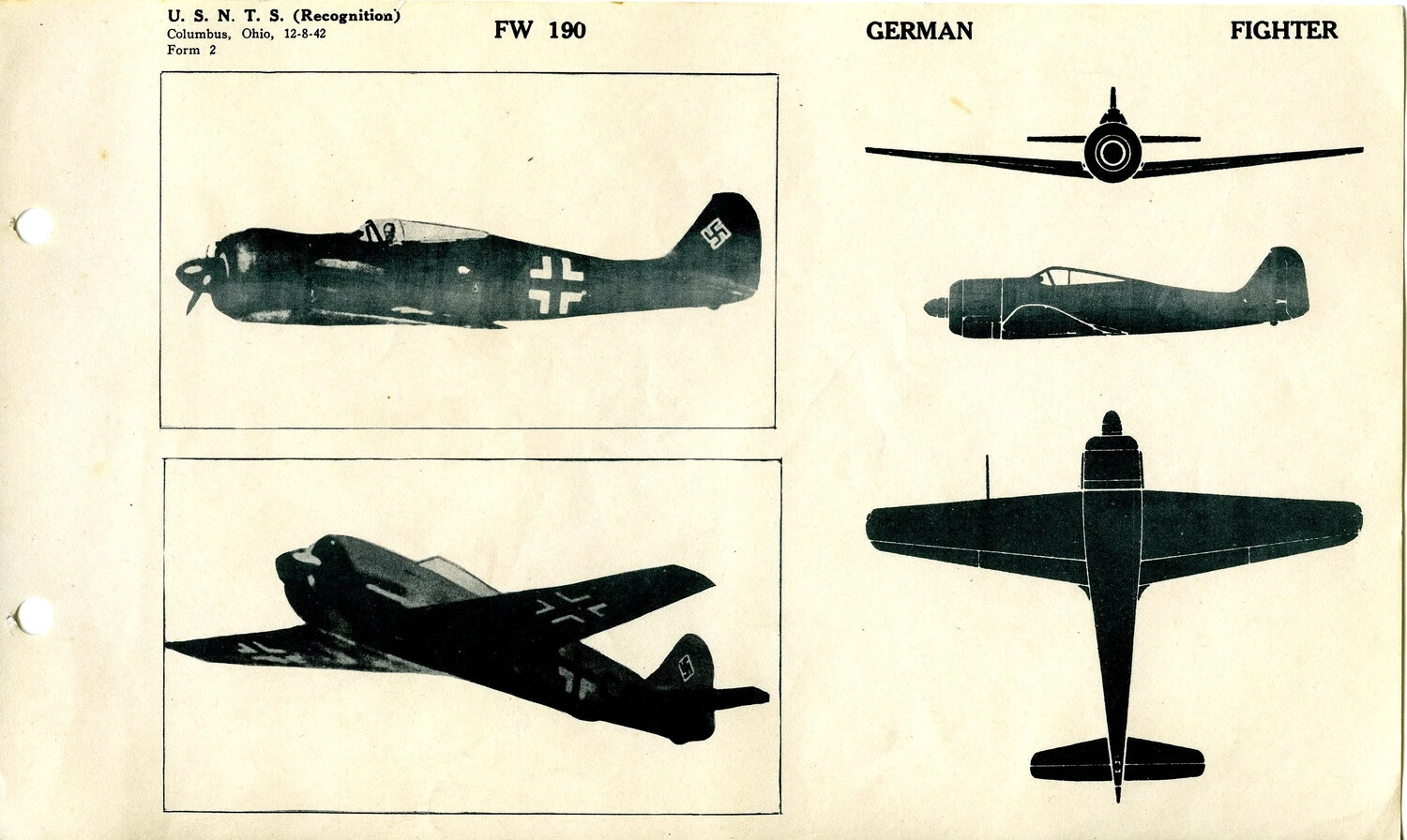 FW 190 German Fighter — U.S.N.T.S. Aircraft Recognition Training Page, Columbus Ohio, December 1942