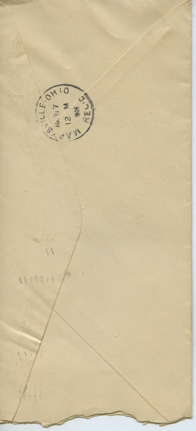 Reverse of Franked House of Representatives Envelope to Jefferson G. Turner, Showing Marysville, Ohio Receiving Postmark, March 17, 1906
