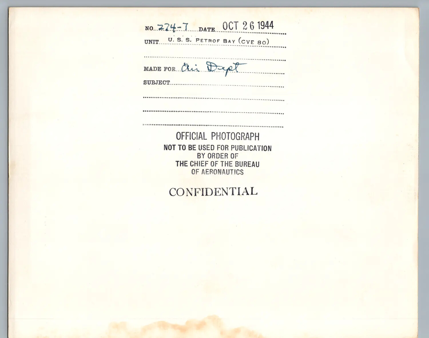 Verso of U.S. Navy Official Photograph Record Card, USS Petrof Bay (CVE-80), Dated 26 October 1944