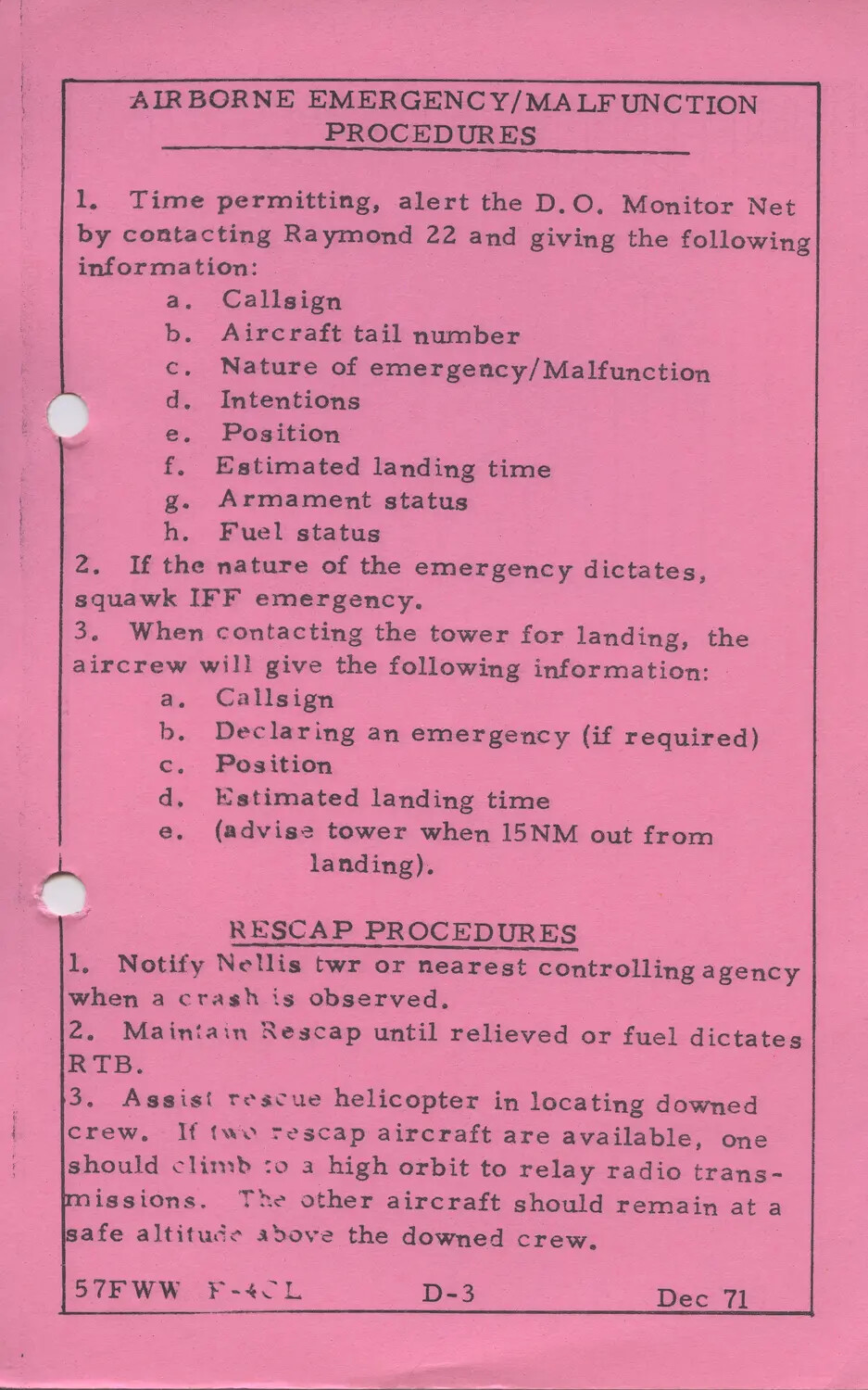 57th Fighter Weapons Wing F-4 Aircrew Checklist Card: Airborne Emergency/Malfunction and RESCAP Procedures, December 1971