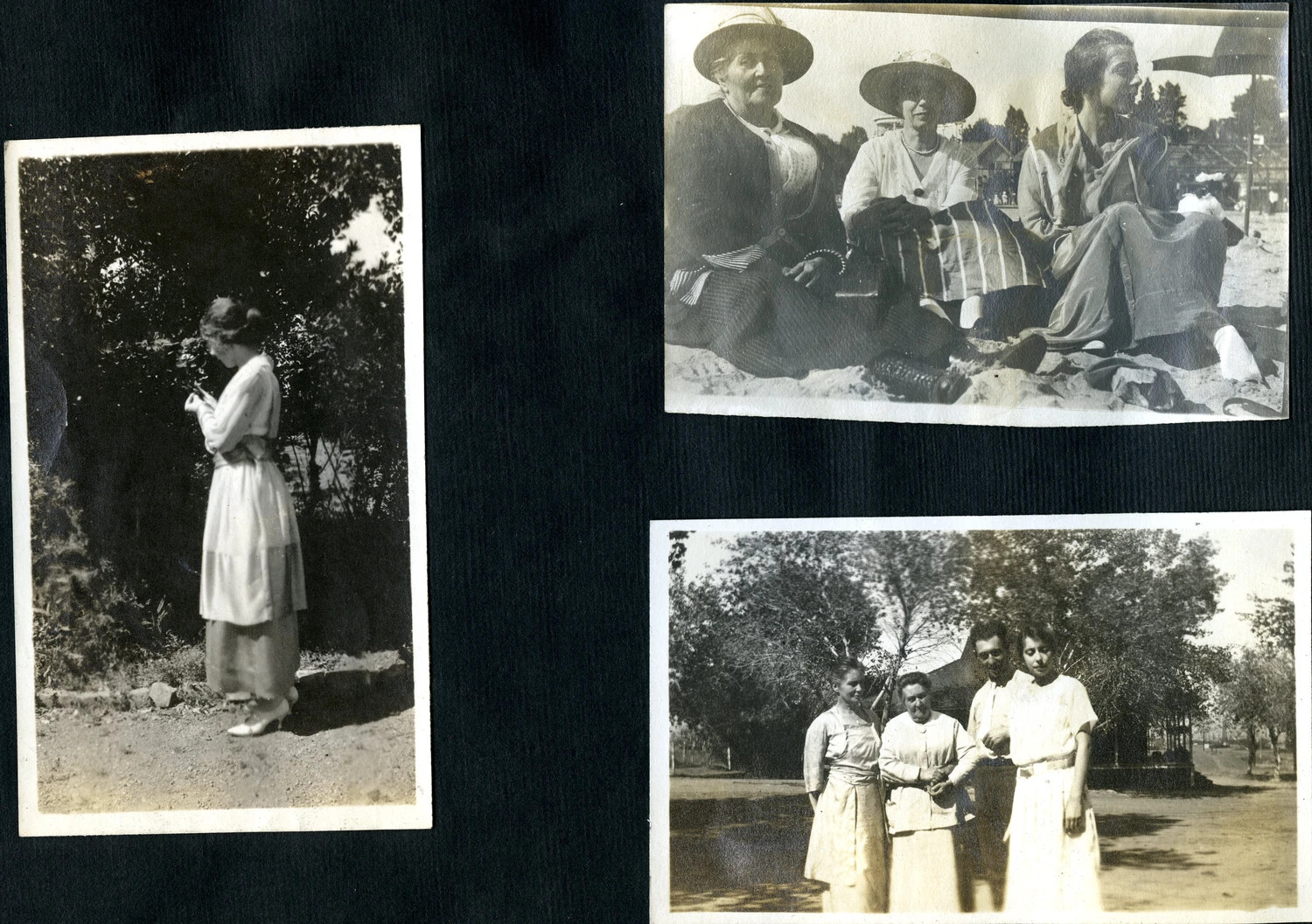 Three Snapshots of Family Leisure Activities: Garden, Beach, and Park Outings, c. 1915-1920
