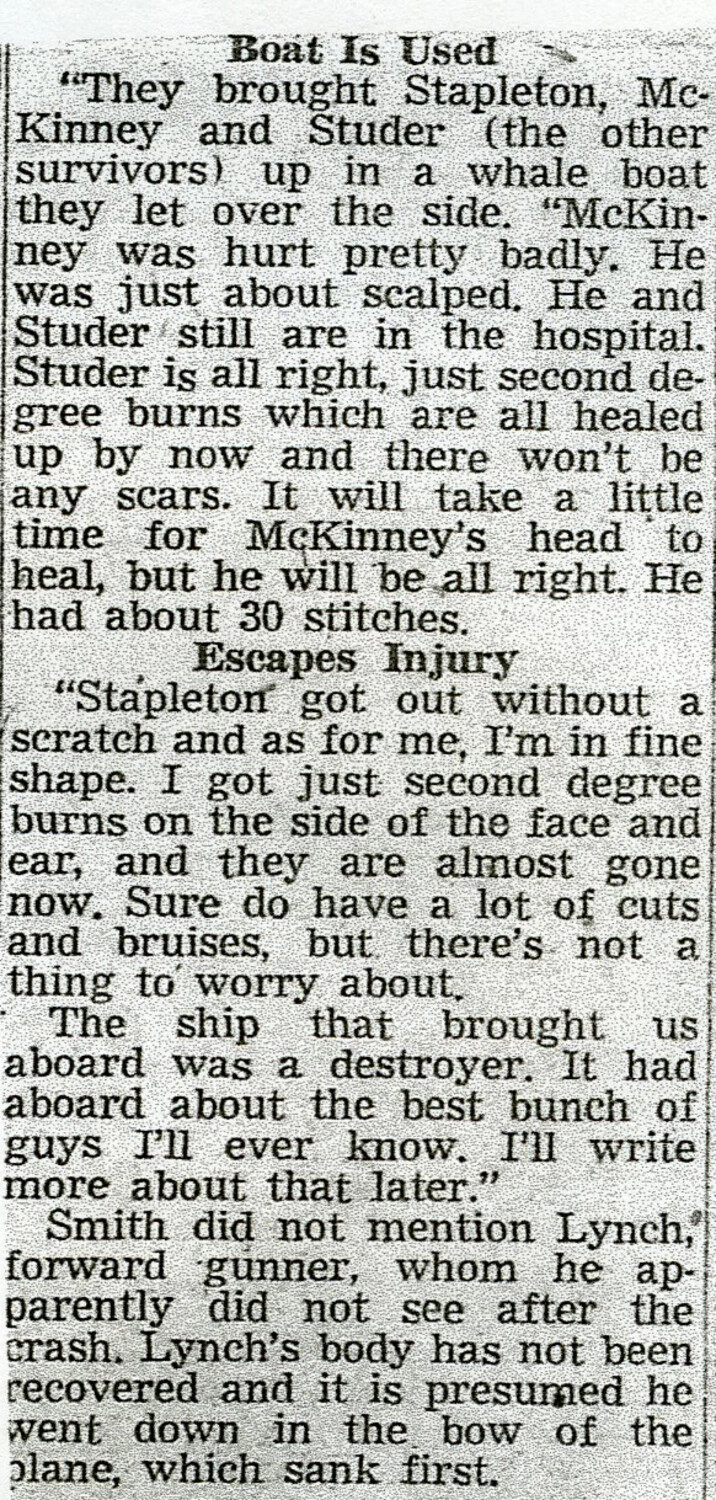 Newspaper Clipping: Survivor Account of PBM Crash Rescue, 'Boat Is Used' / 'Escapes Injury' — Lt. Bancroft Korean War Collection