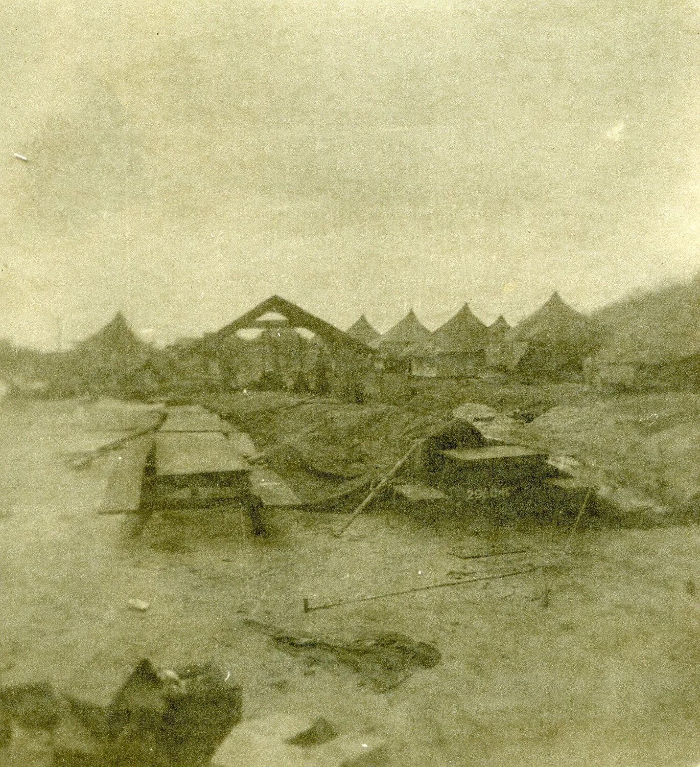 Flooded Tent Camp with Collapsed Frame Structure, Ie Shima, WWII Photo Album