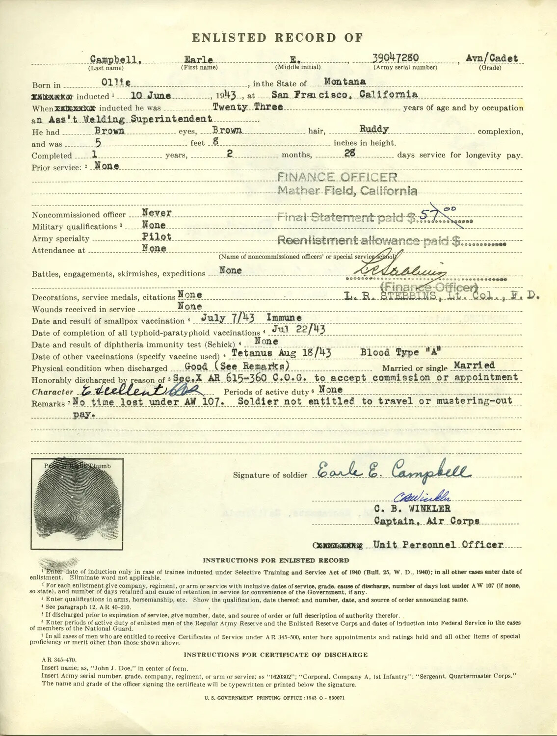 WWII U.S. Army Enlisted Record - Aviation Cadet Earle E. Campbell, 1943