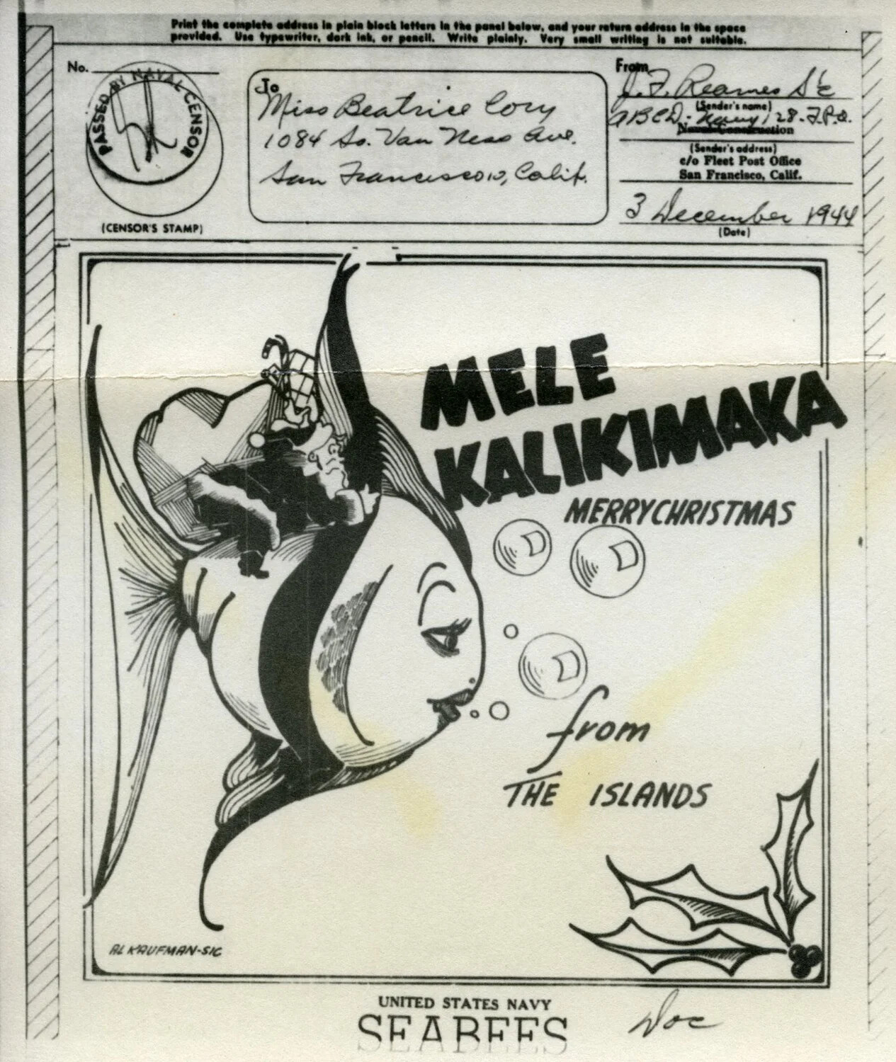V-Mail Christmas Greeting from a U.S. Navy Seabee, 1944
