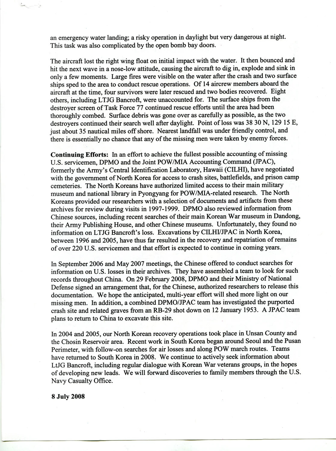 DPMO Report on the Loss of LTJG Bancroft, Korean War, 8 July 2008