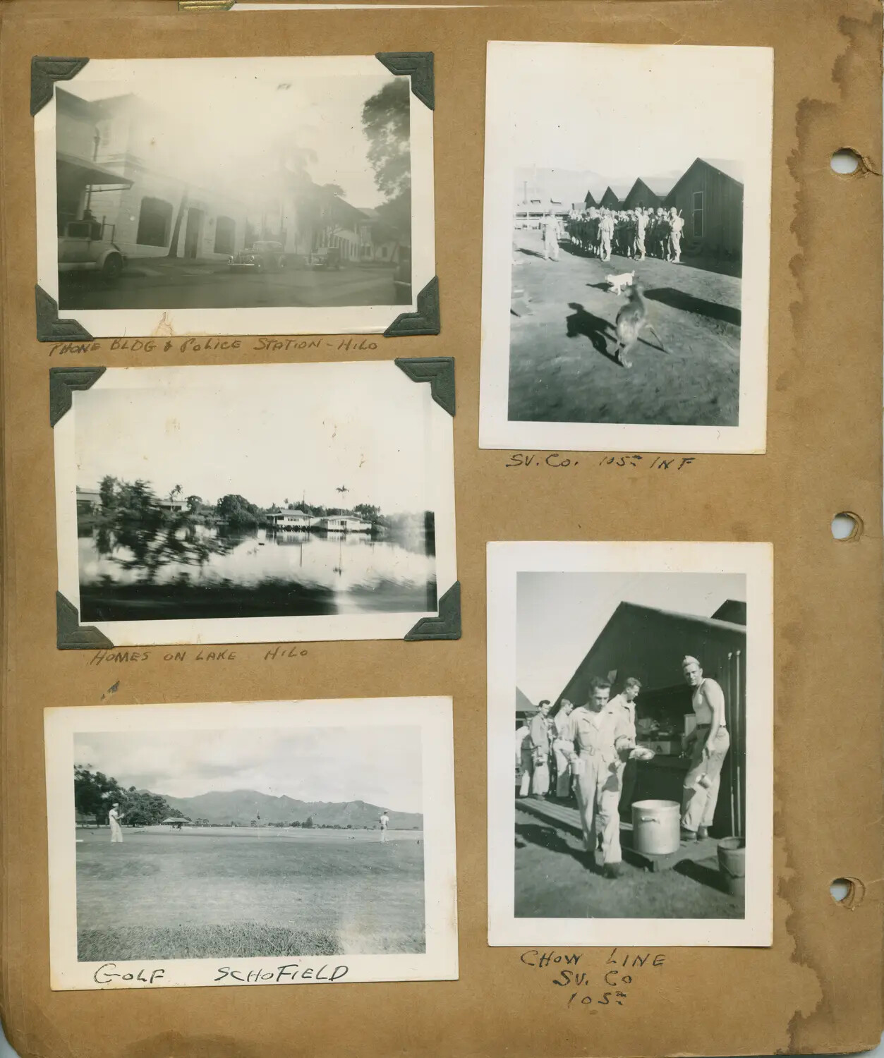 WWII Hawaii Photo Album Page - Hilo Sightseeing and 105th Infantry Service Company Life, Schofield Barracks