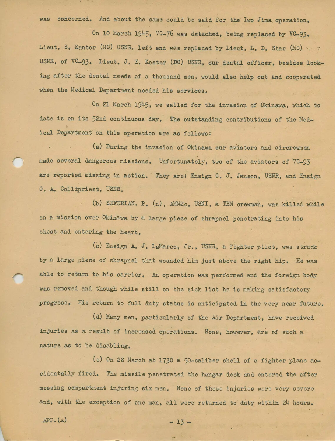 USS Petrof Bay (CVE-80) Ship's History, Appendix (A), Page 13 - Medical Department Report, Okinawa Casualties and Injuries