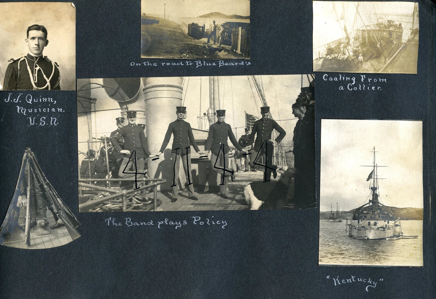 Album Page: 'J.J. Quinn, Musician U.S.N.' with Coaling, Blue Beard's Castle Road, Band on Deck, and USS Kentucky, Early 1900s