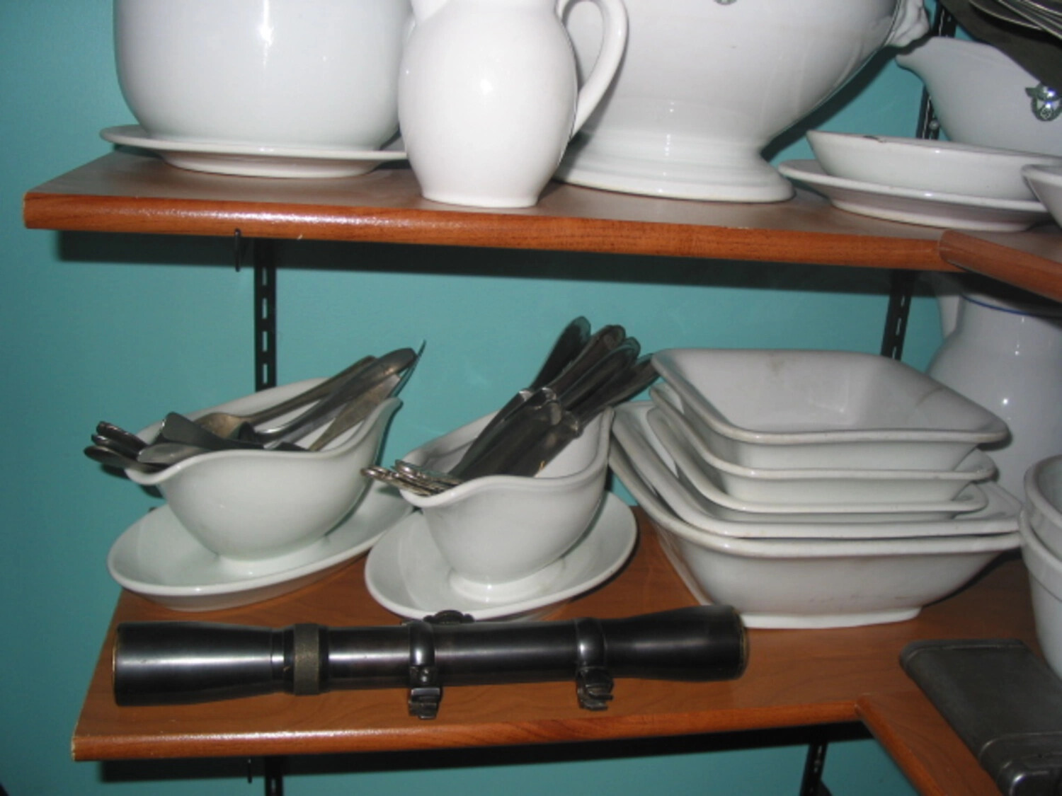 German Porcelain Tableware and Telescopic Rifle Sight, Private WWII Collection Shelf