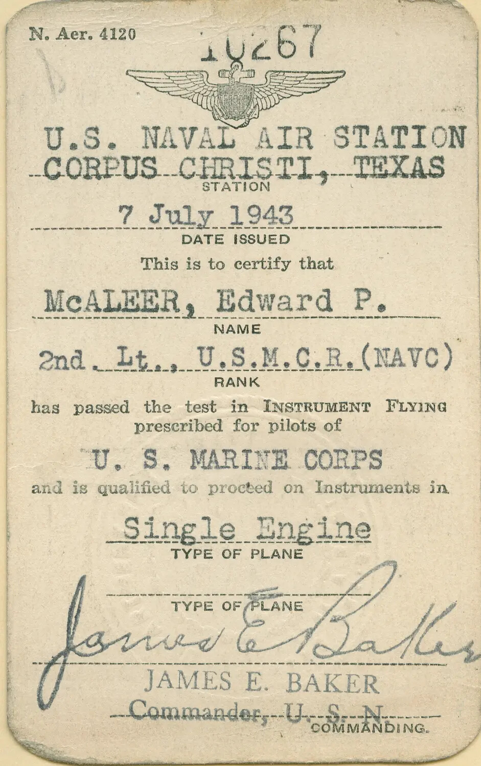 Instrument Flying Certification Card, 2nd Lt. Edward P. McAleer, USMCR, NAS Corpus Christi, 7 July 1943