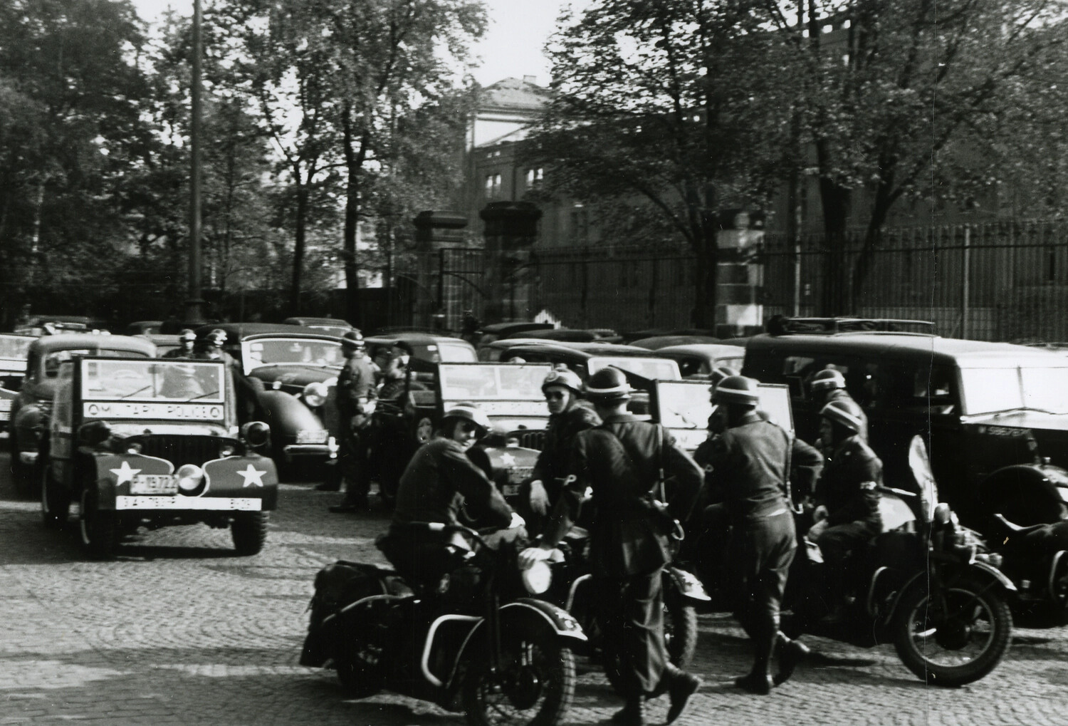 U.S. Military Police Jeeps and Motorcycle Escorts, Nuremberg Trial Security Detail, Germany, 1945-1946