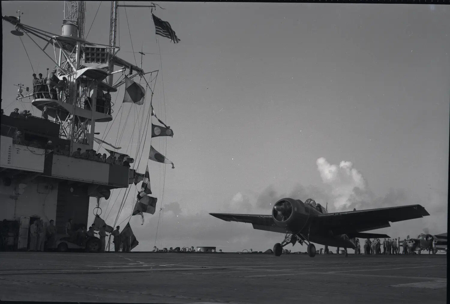 Flight Deck and Island Superstructure with Signal Flags, USS Petrof Bay (CVE-80), WWII Era