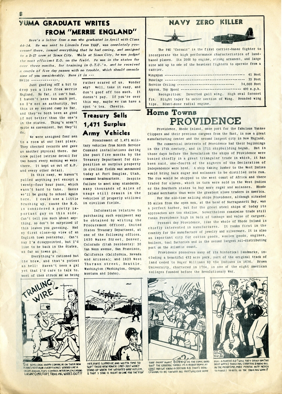 Base Newspaper Page: 'Yuma Graduate Writes From Merrie England' and 'Navy Zero Killer' (F4U Corsair)