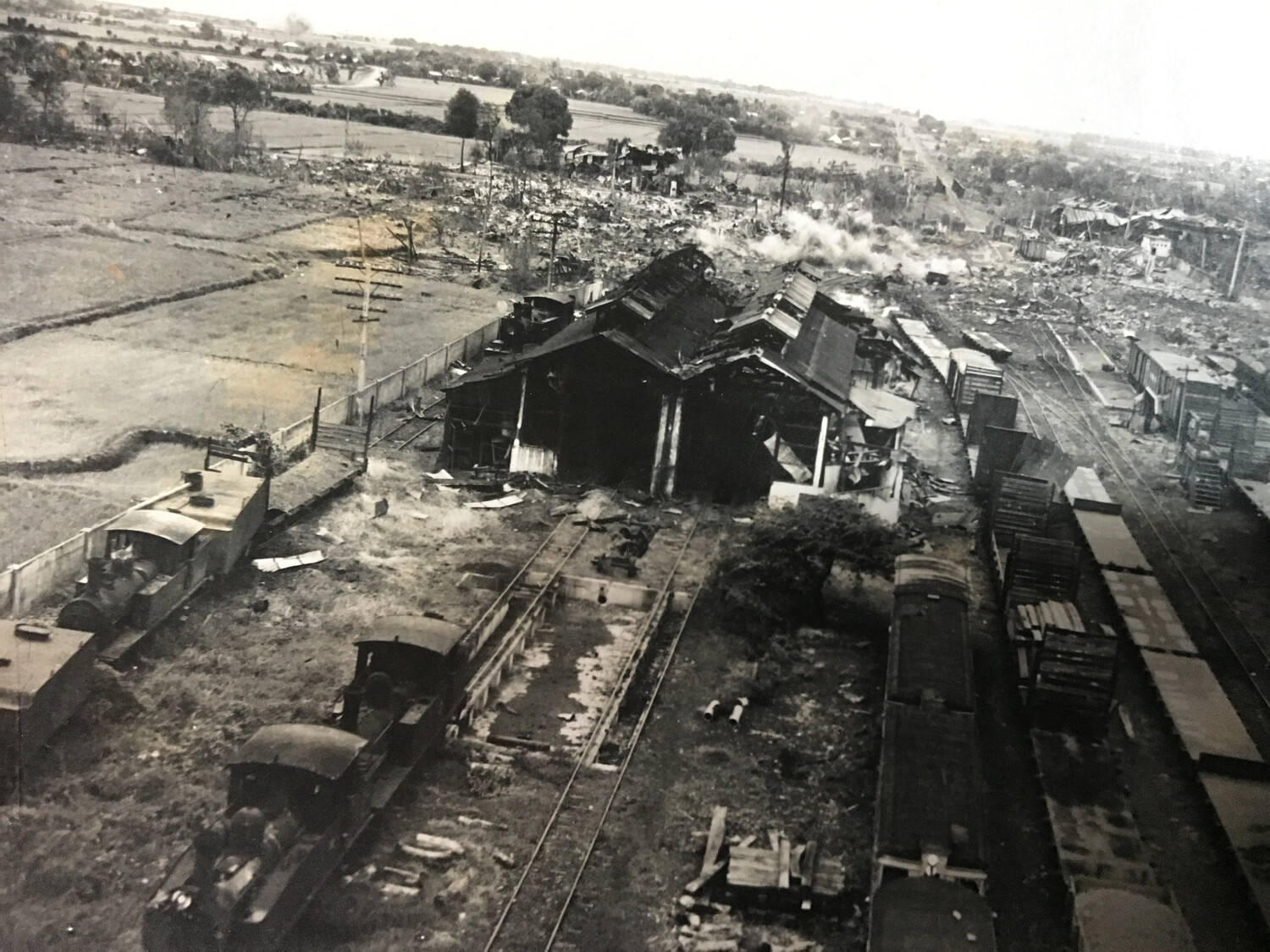 Aerial View of Bombed Rail Yard and Devastated Town