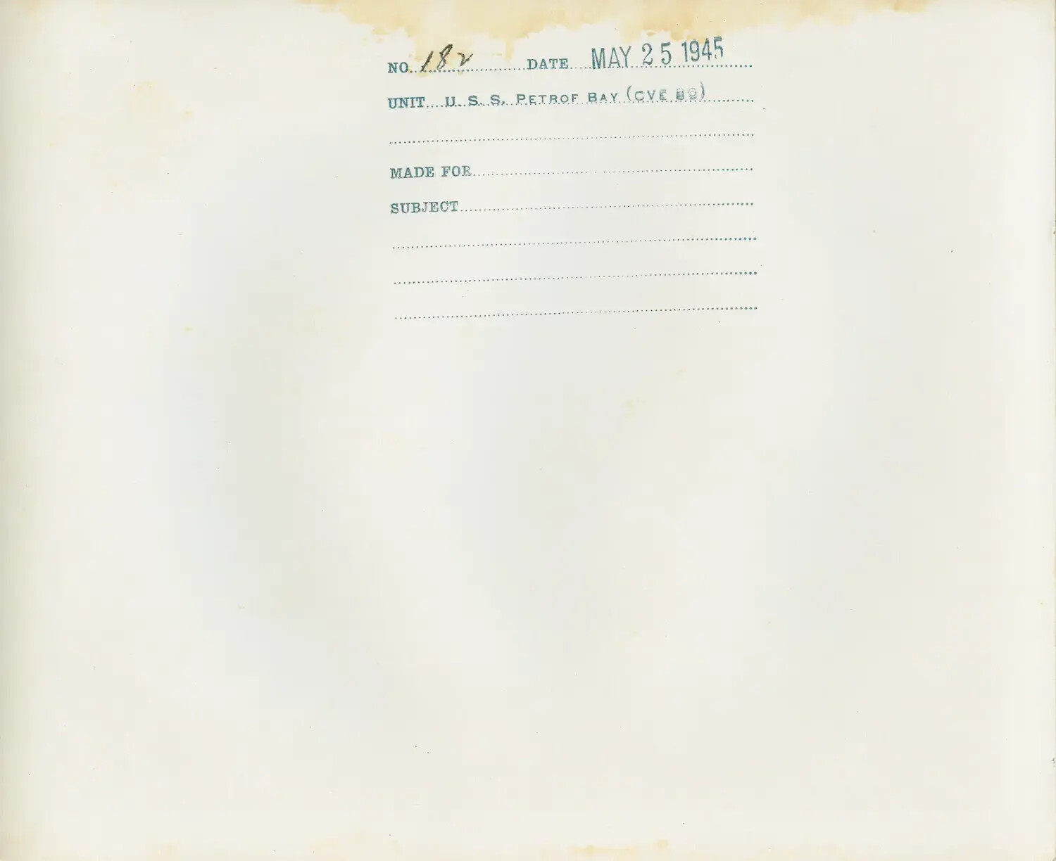 Reverse Caption Sheet, USS Petrof Bay (CVE-80) Official Photograph No. 18, May 25, 1945